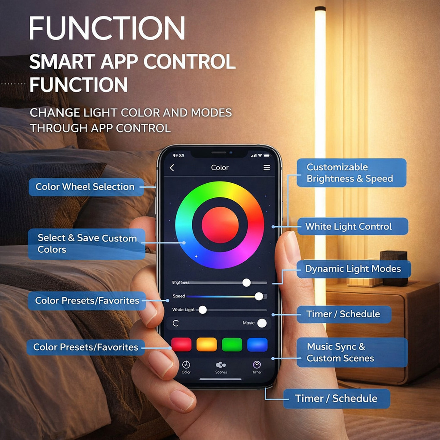 Image of Relikore Vectra LED Floor Ambient Lamp | 60 LEDs | iOS & Android App Control | IR Remote Smart Tube Light