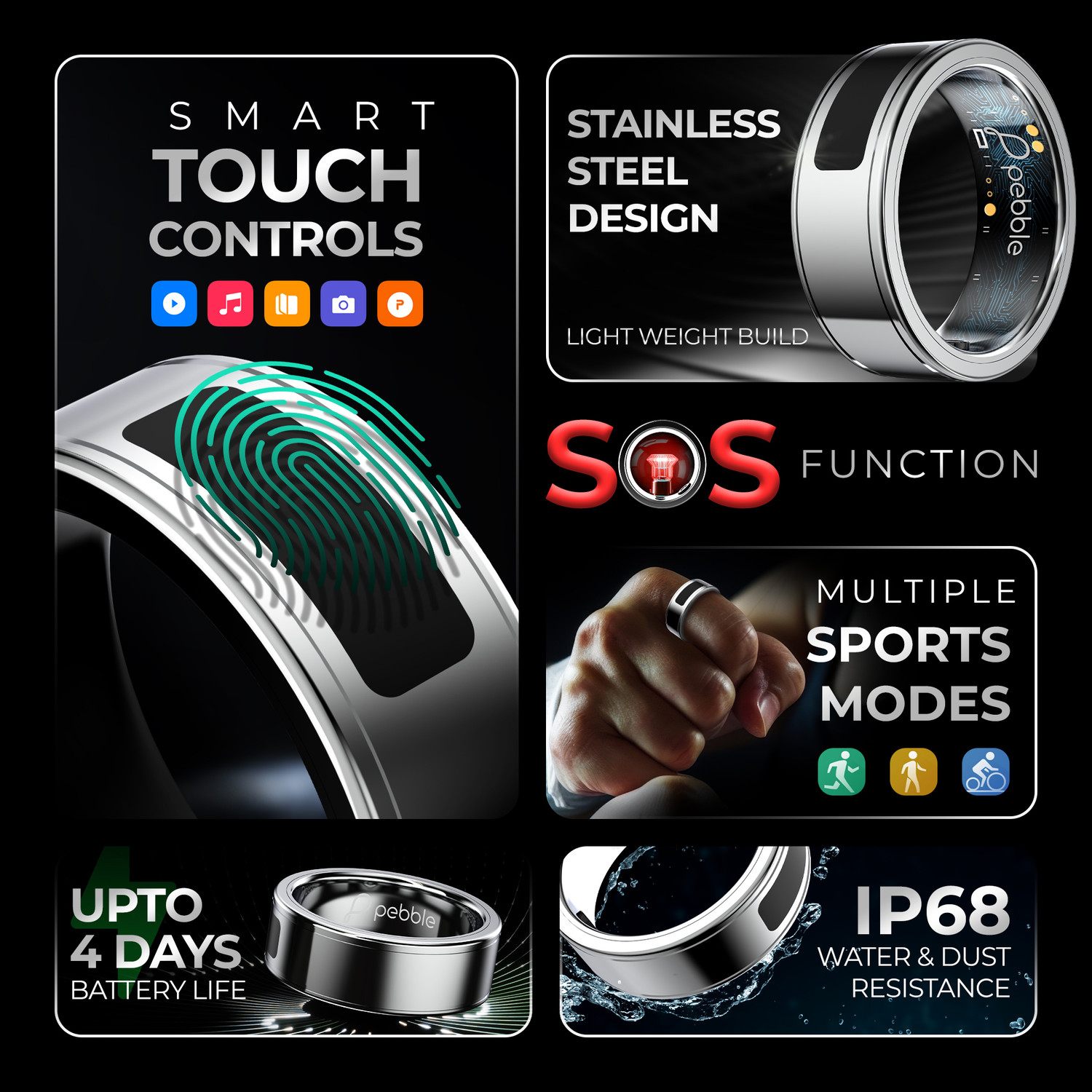 Image of pebble Iris Smart Touch Controls, Stainless Steel Build, Health & Recovery Tracker Smart Ring