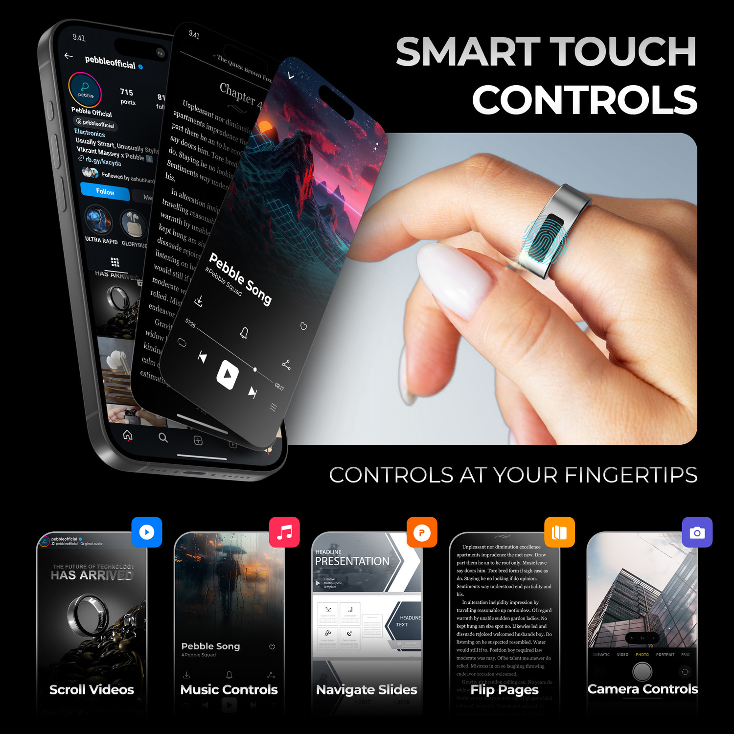 Image of pebble Iris Smart Touch Controls, Stainless Steel Build, Health & Recovery Tracker Smart Ring