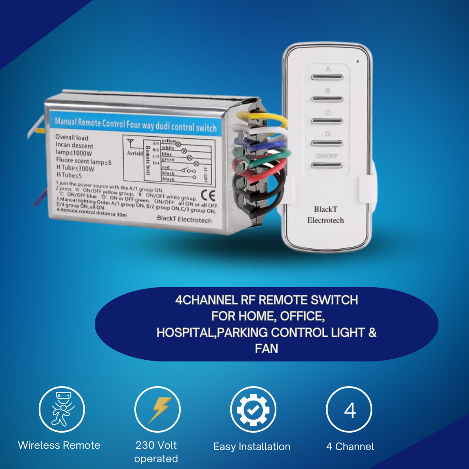 Image of Blackt Electrotech (BT16R) RF Remote Switch Board For Fan , Lights On /Off | RF Remote Switch Board Smart Switch