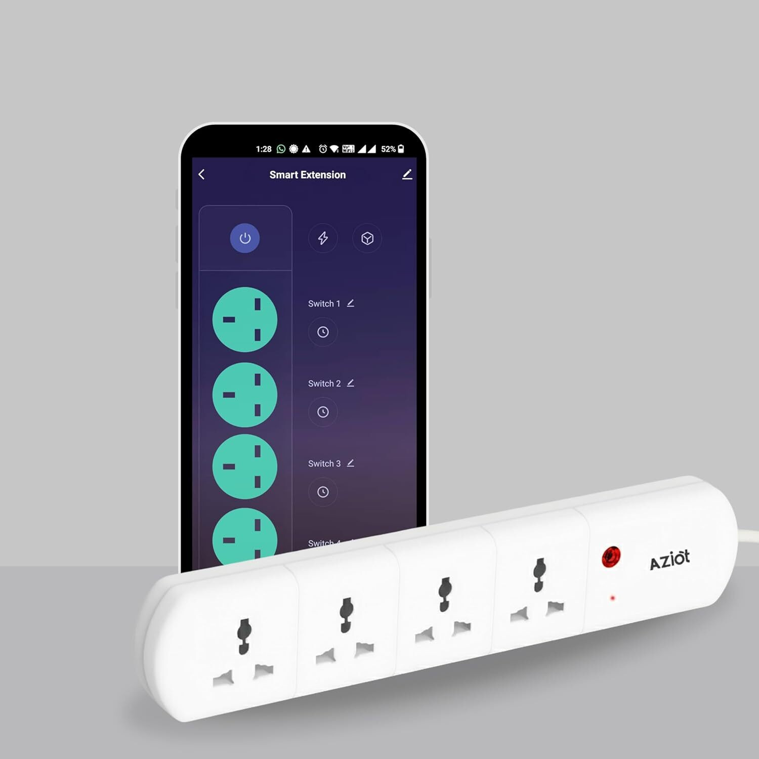 Image of AZIOT 4 Socket Smart Extension - WiFi /Bluetooth, Timer, Power Monitor, Alexa & Google Smart Power Strip