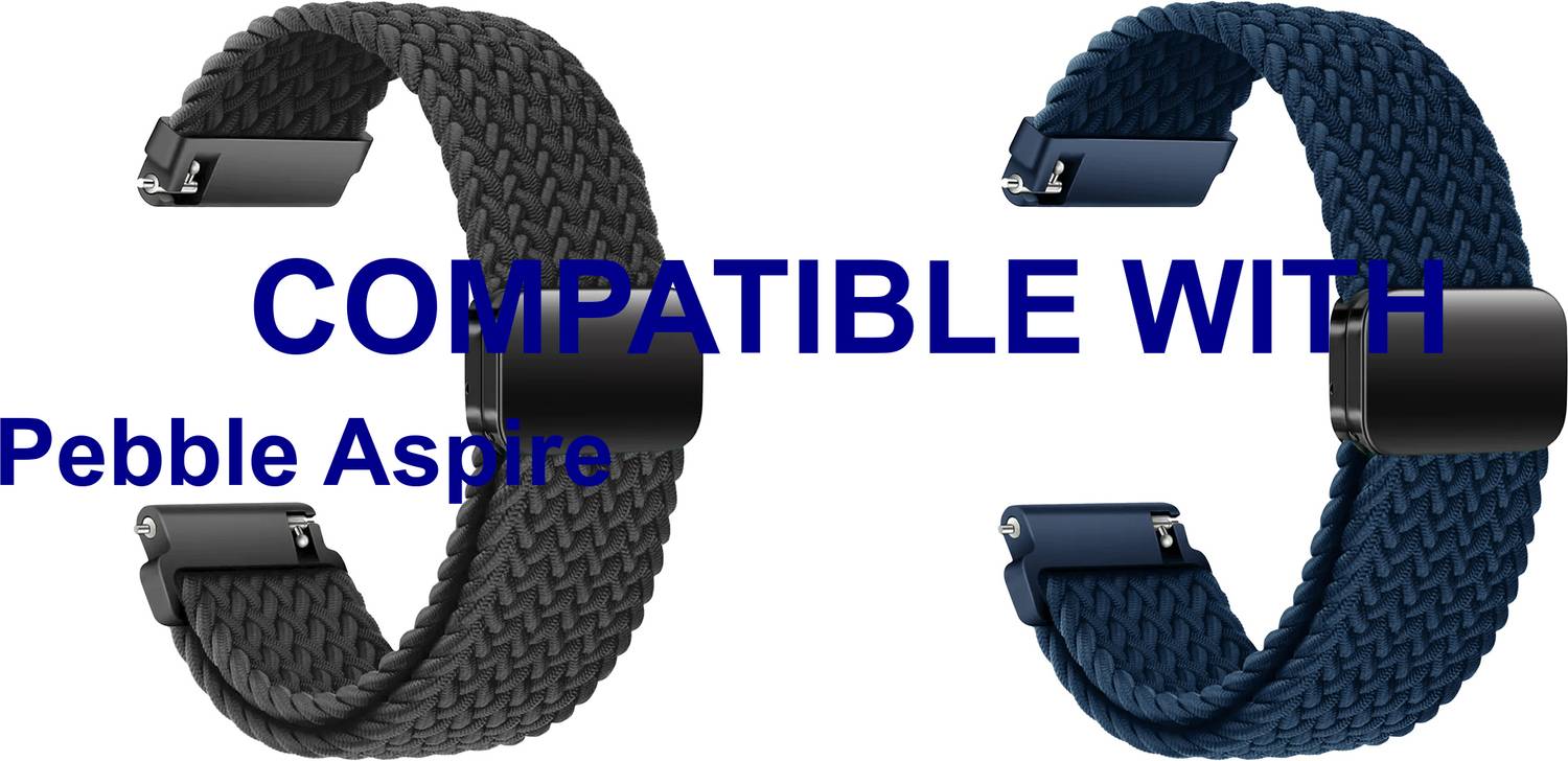 ACM WSM26N20BKBL2450 Pack of 2 Watch Strap Woven Braided Magnetic 20mm for Pebble Aspire Smartwatch (Black/Blue) Smart Watch Strap