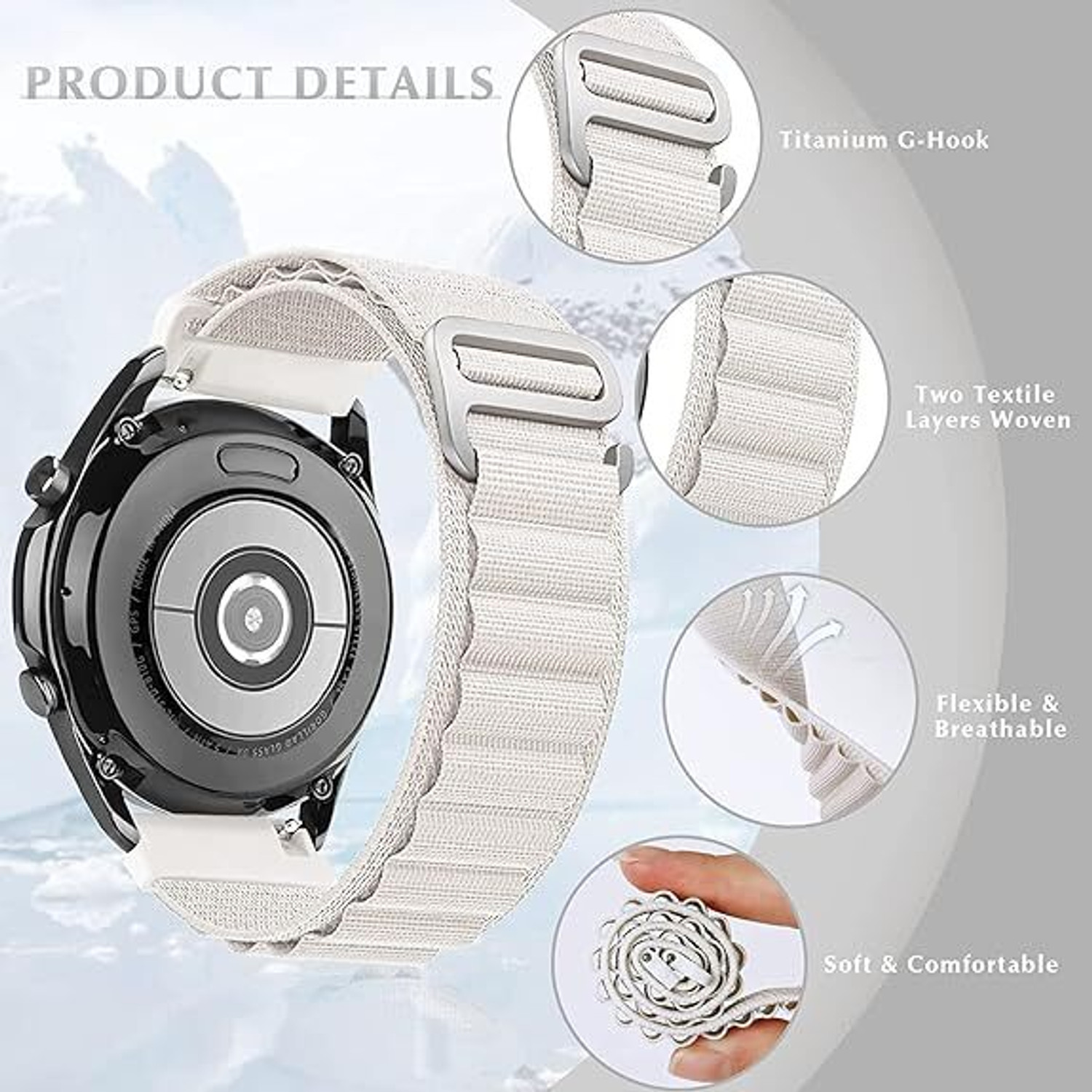 Image of KHR 20mm Alpine Loop Belt for AmazFit, Noise Colorfit, Fireboltt, Boat for All 20MM Smart Watch Strap (White)
