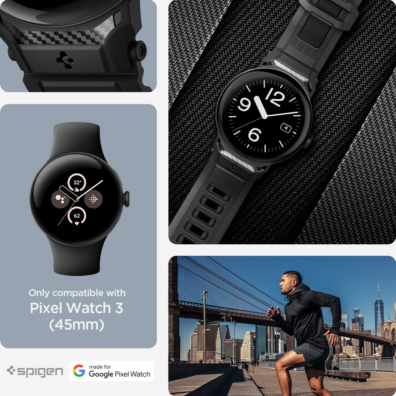 Image of Spigen Rugged Band TPU Rugged Loop Band Strap(lightweight) Compatible With Google Pixel Watch 3 45mm (Watch Not Included) Smart Watch Strap (Black)