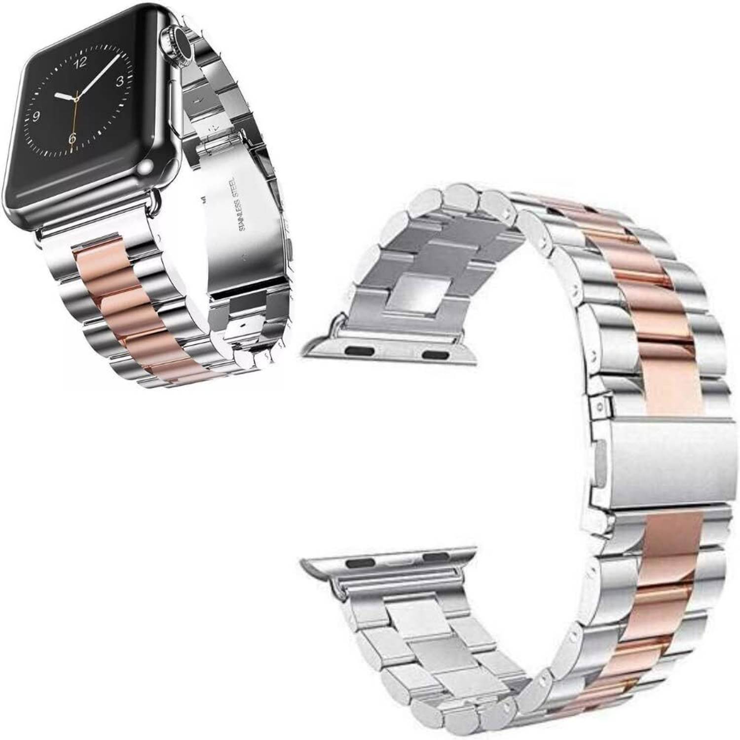 Crysendo 1.5 cm Stainless Strap Compatible with APL i-Watch Series SE/8/7/6 | for 38mm-40mm i-Watch (Silver & Rose Gold) (Watch Not Included) Smart Watch Strap