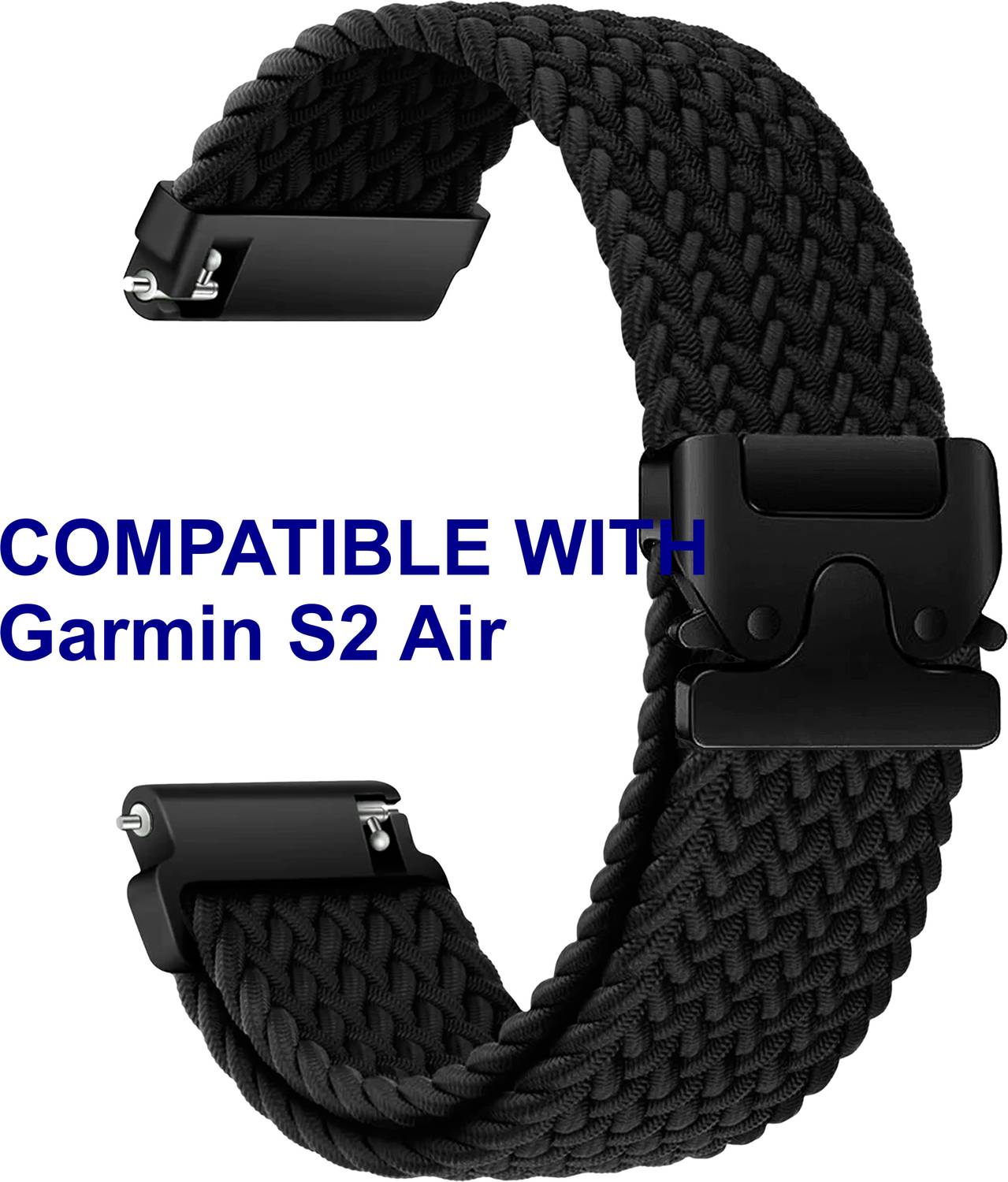 ACM WSM38Z20BK1075 Watch Strap Woven Braided Clipper 20mm for Garmin S2 Air Smartwatch Black Smart Watch Strap