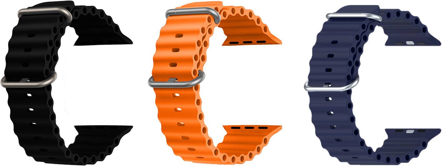 Priavy Ocean Smart Watch Strap Belt for Ultra Watch 49 mm, Series 8 / 7 45 mm, Series 6 / 5 / 4 44 mm, Series 3 42 mm, T800 Ultra, Watch 8 Ultra, i8 Pro Max, W26, T800. Smart Watch Strap(Black, orange, blue) Smart Watch Strap