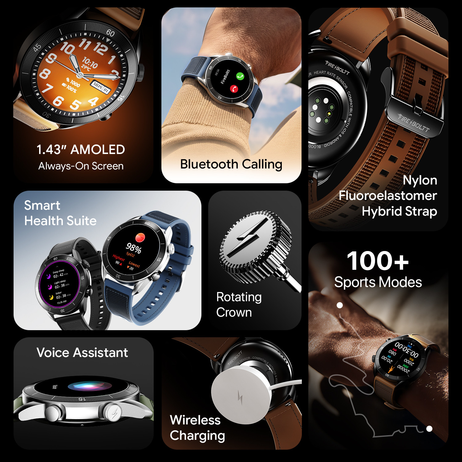 Image of Fire-Boltt Legacy Force 1.43 inch AMOLED Nylon Fluoroelastomer Hybrid Strap Rotating Crown Smartwatch