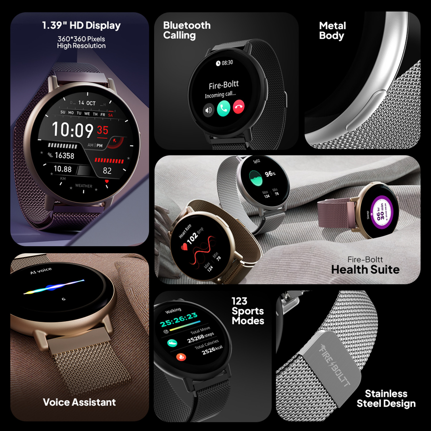 Image of Fire-Boltt Destiny 35.3mm (1.39) Stainless Steel Smartwatch, Metal Body, Bluetooth Calling Smartwatch
