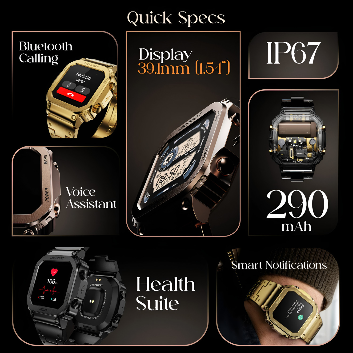 Image of fire boltt Retro 39.1mm (1.54) Display, Bluetooth call, Voice Assistance, Steel Straps Smartwatch