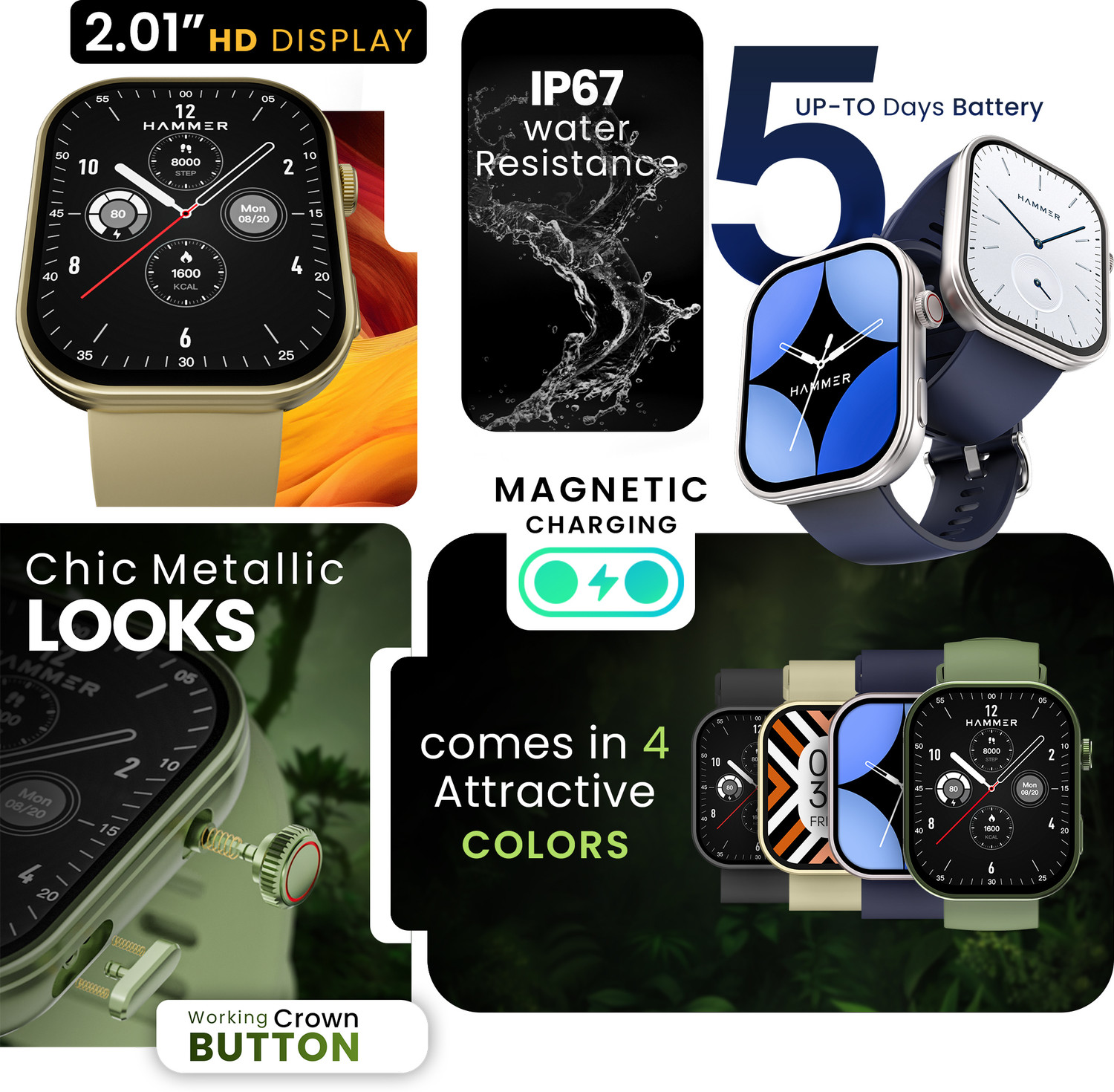 Image of Hammer Tussle 2.01 inch HD Display Advanced BT Calling|Voice Assistant|In-Built Games Smartwatch