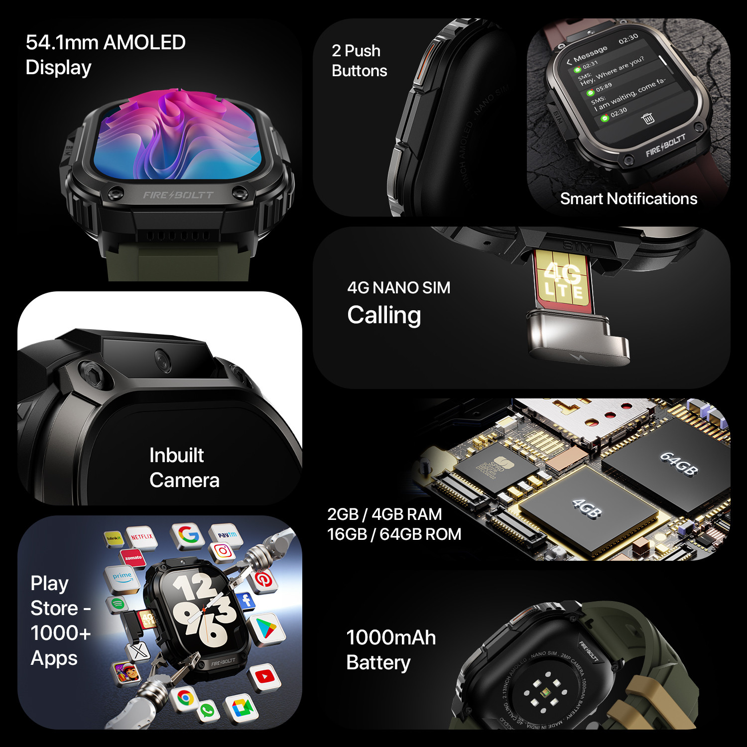 Image of Fire-Boltt Clickk 54.1mm (2.12 inch) AMOLED Display, Front Camera, Nano SIM Slot, 1000mAh Smartwatch