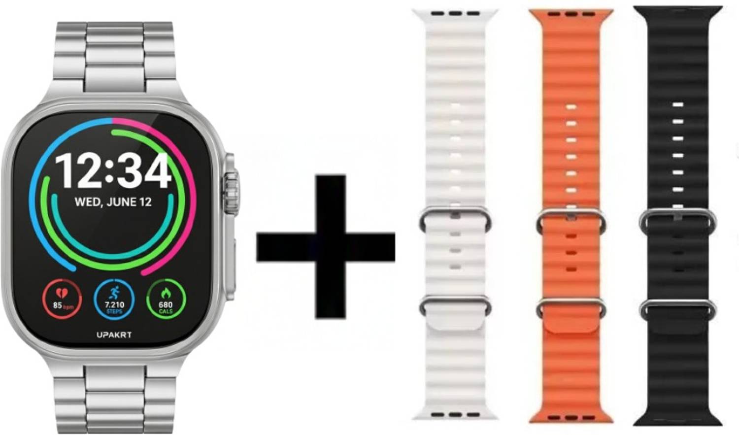 Upakrt Silver Metal Smartwatch with Black, Orange & White Silicone Strap Smartwatch