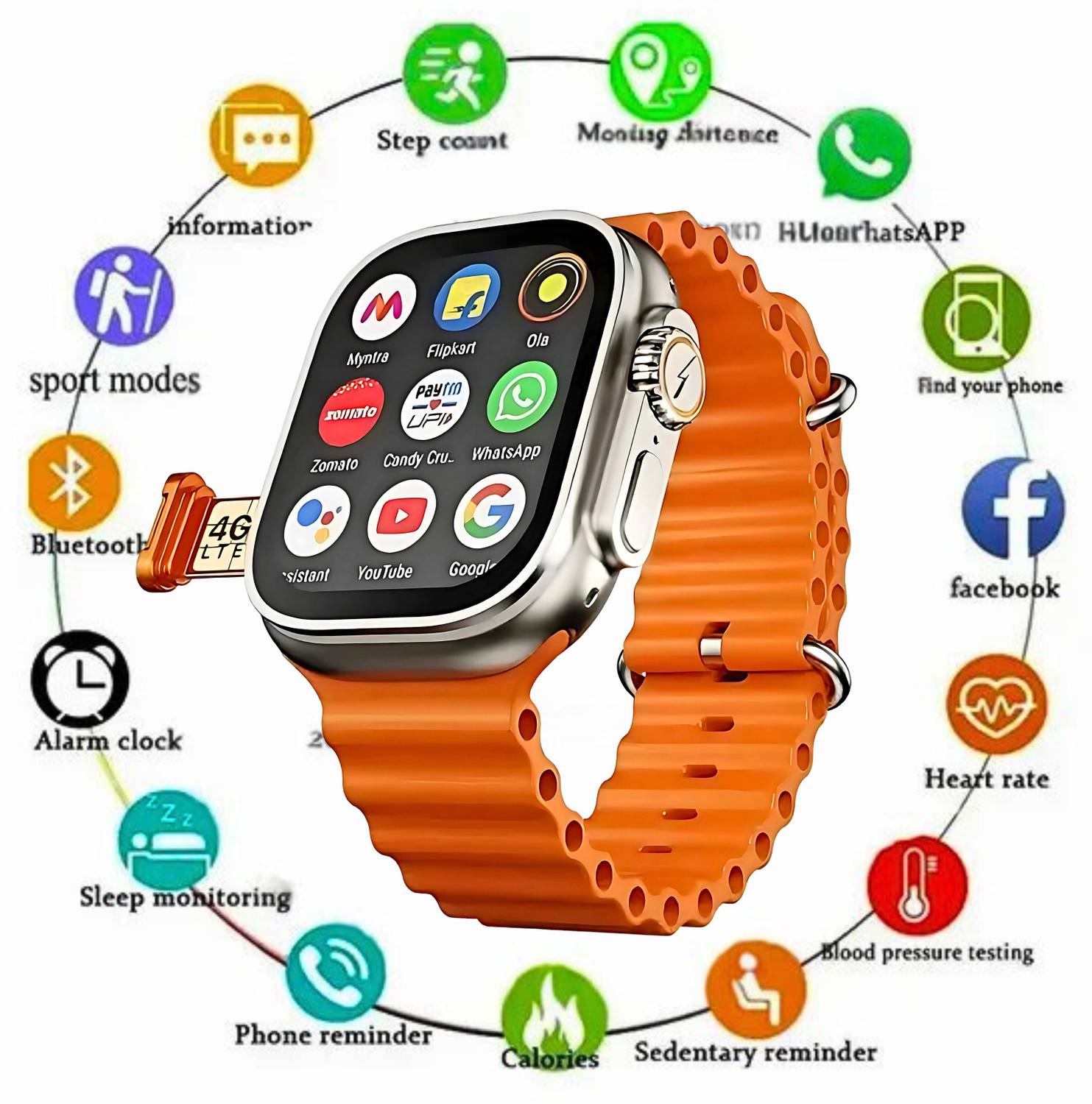 TECHIO Premium Orange T800 Smartwatch Smartwatch (Orange Strap, F