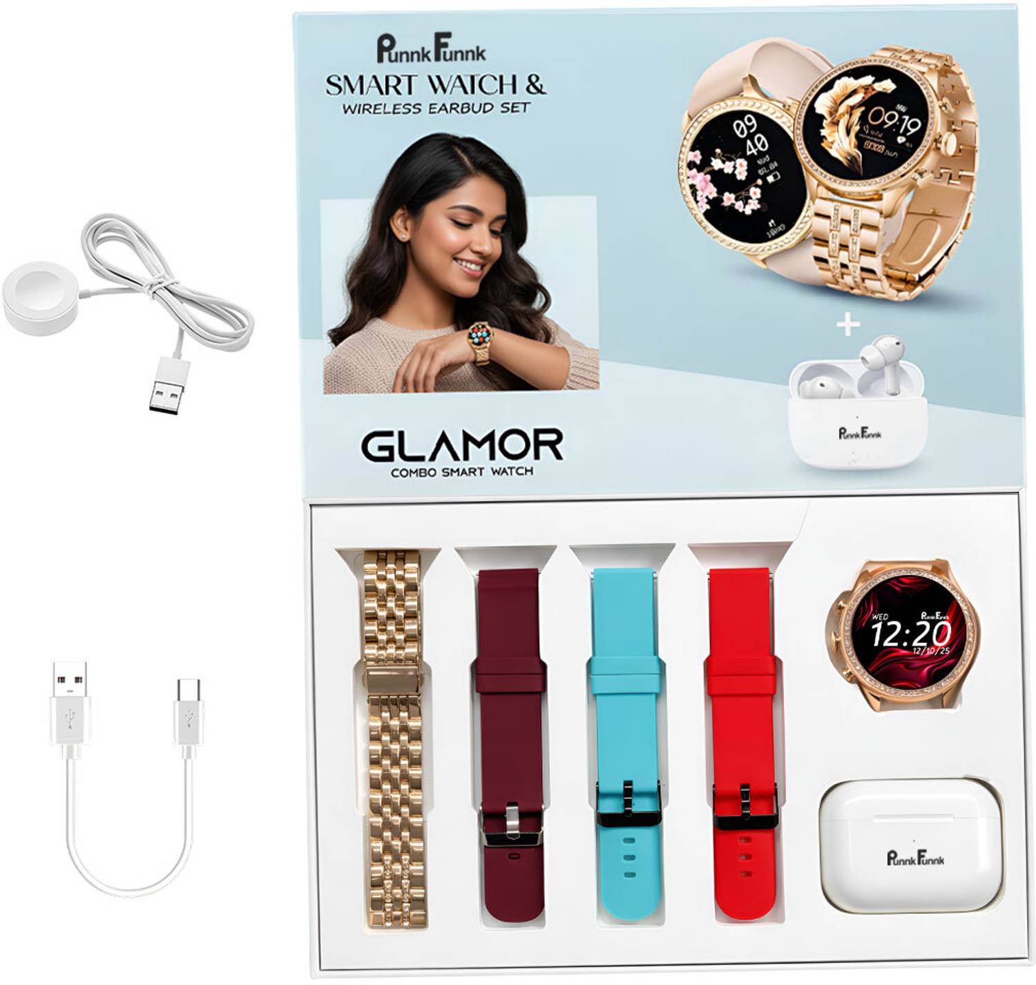 PunnkFunnk Glamor Combo Smartwatch 4 Multicolor Straps 1 Earbuds