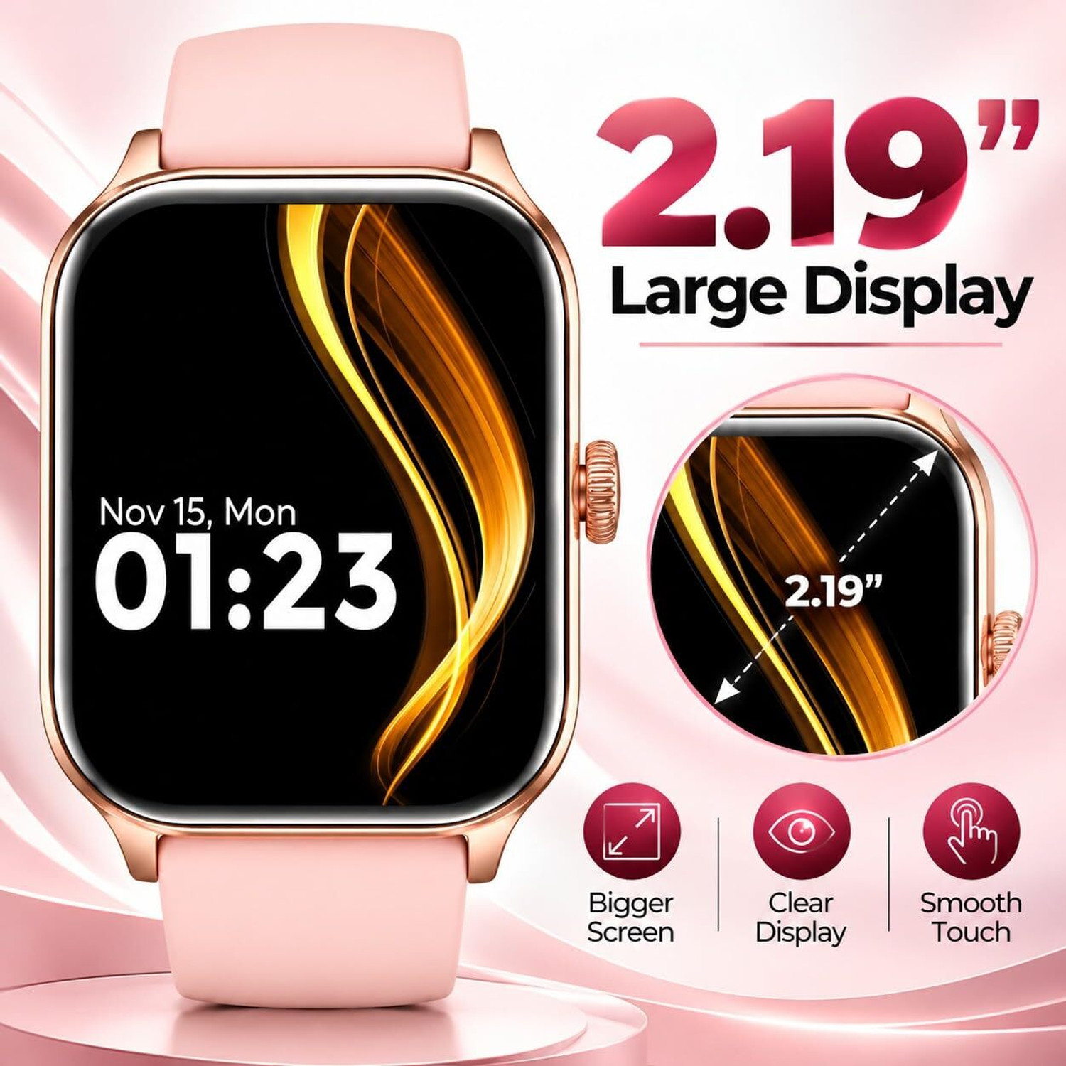 Image of Zenostyle Rectangular Touchscreen Smart Watch with Adjustable Strap for Men & Women Smartwatch (Pink Strap, Adjustable Strap size)