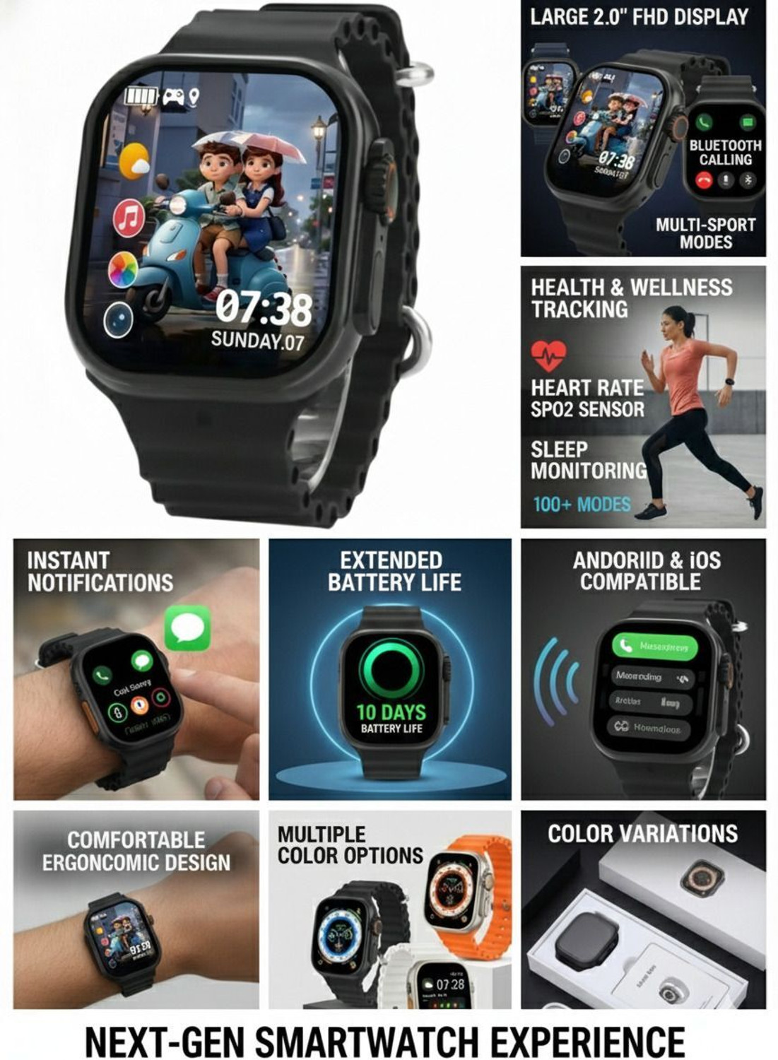 Image of zora T800 Ultra IPS Display Smartwatch, 1.99 inch Screen, BT Calling, Sports (Black) Smartwatch