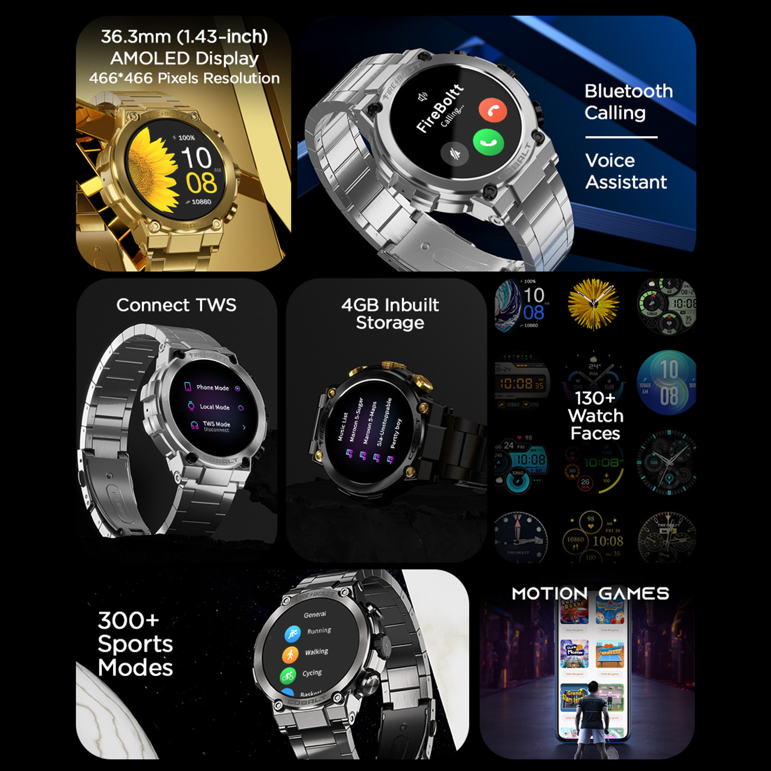 Image of Fire-Boltt Cobalt 36.3mm AMOLED display, BT call, 300+ sports modes, 4BG storage, IP67 Smartwatch