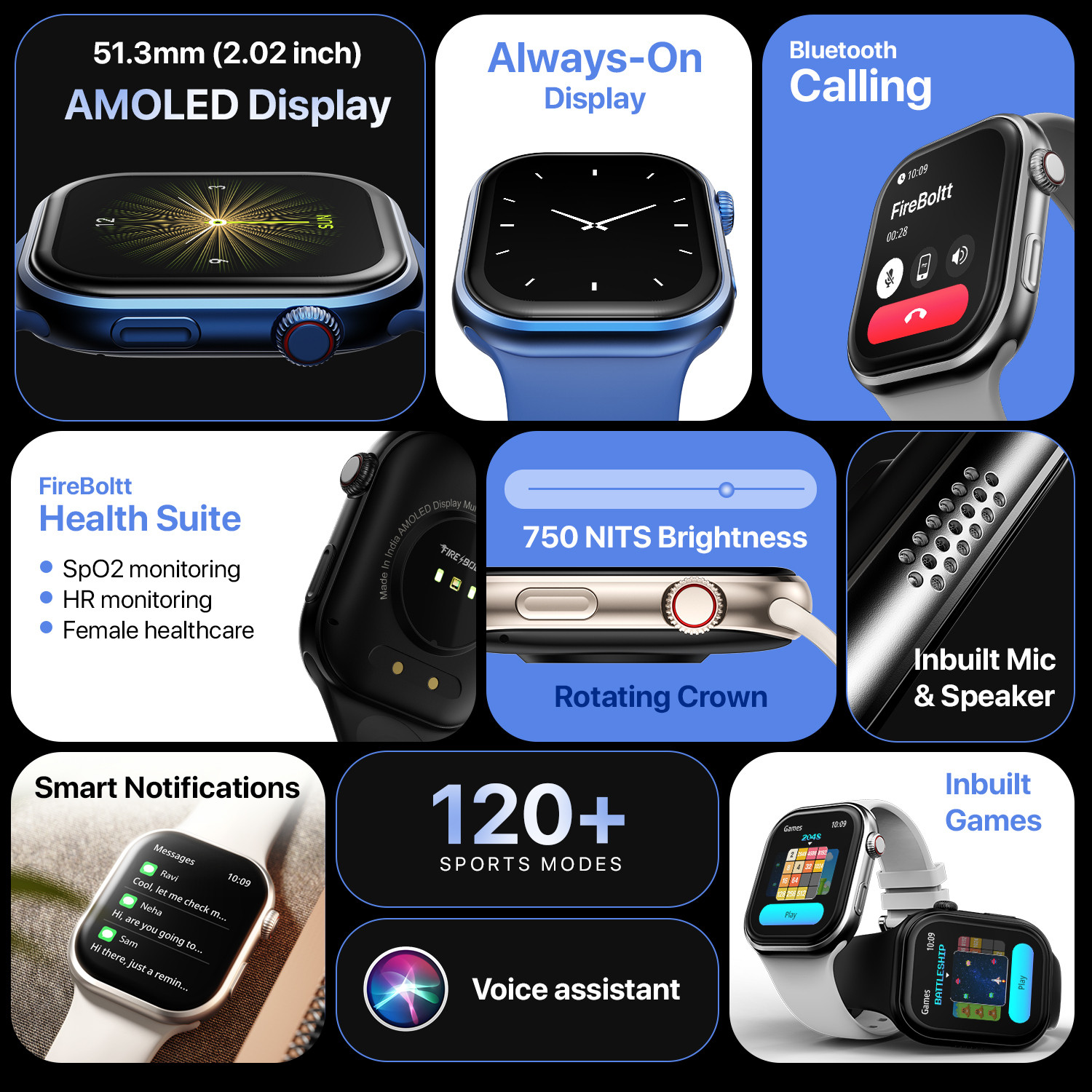 Image of Fire-Boltt Brillia 51.3mm (2.02 inch) Largest AMOLED Display,Bluetooth Calling AI Assistant Smartwatch