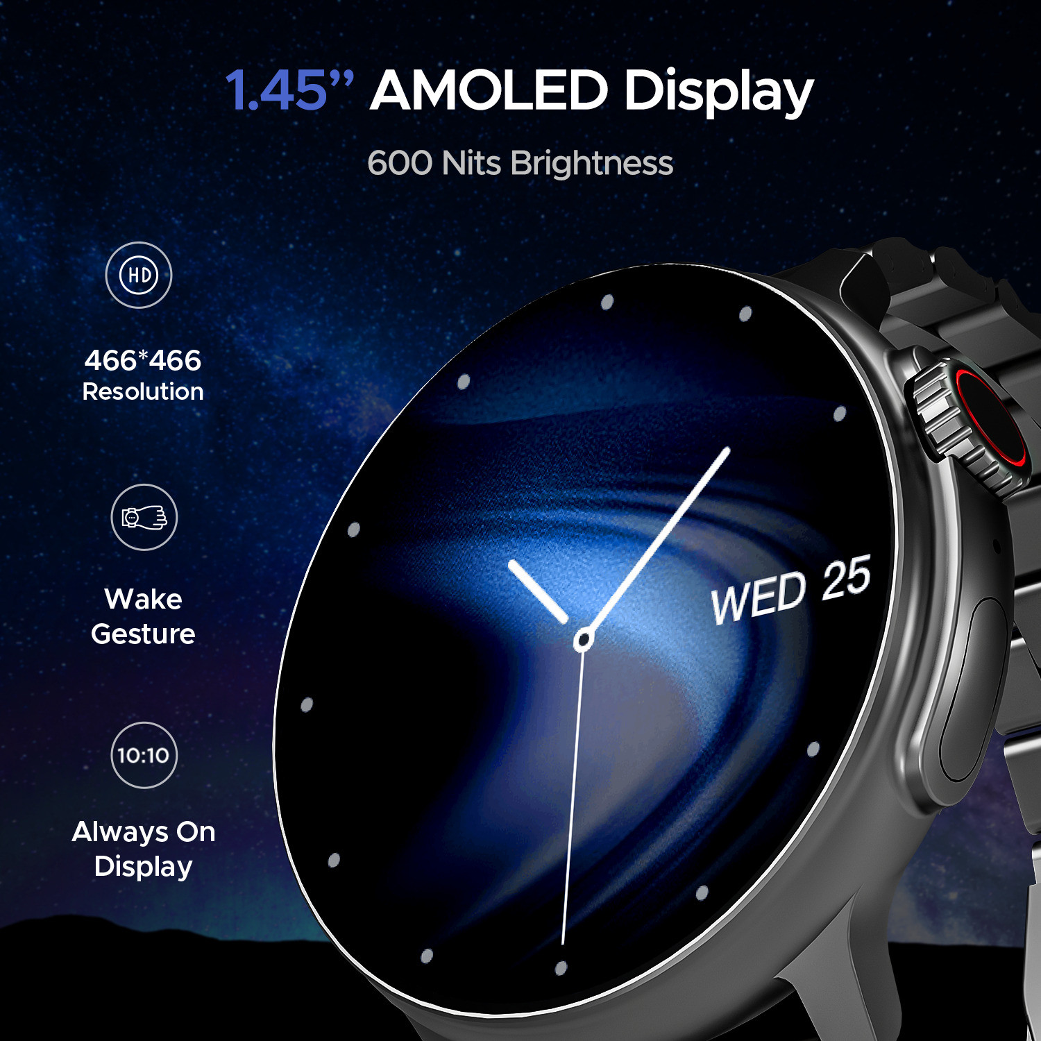 Image of boAt Lunar Tigon w / 3.68 cm(1.45 inch) AMOLED Display,Always ON Display, Functional Crown Smartwatch