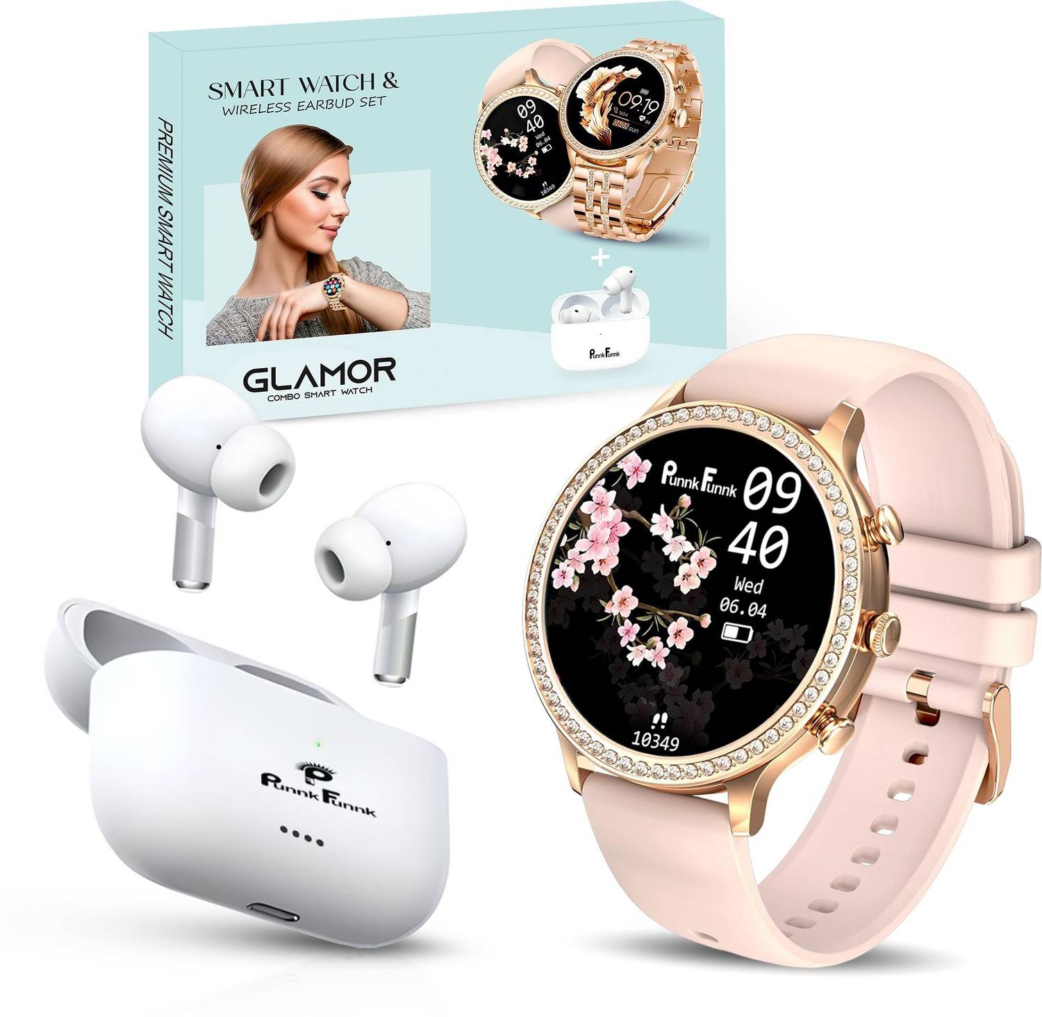 PunnkFunnk GLAMOR Smartwatch, 5 Straps + 1 Earbuds, Luxury Design