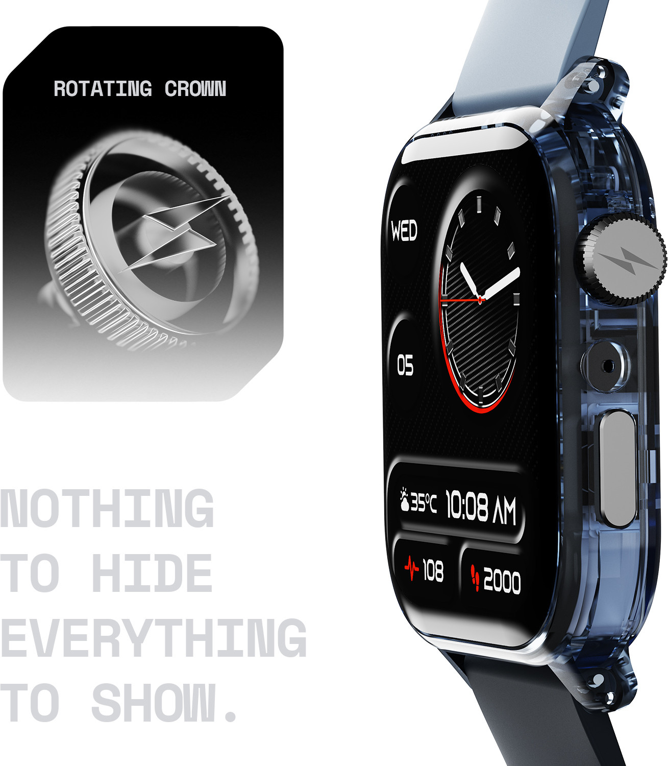 Image of Fire-Boltt Rise Phantom 1.85 Display Transparent Clear Body Design Rotating Button BT Call Smartwatch