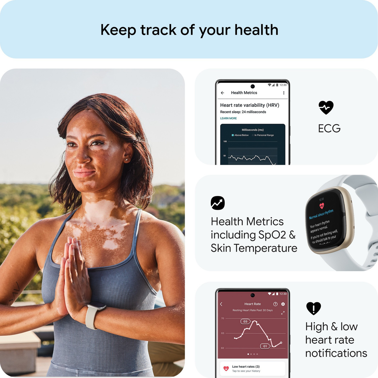 Image of FITBIT Sense 2 Health & Fitness Watch (Blue Mist / Soft Gold Aluminium) Smartwatch