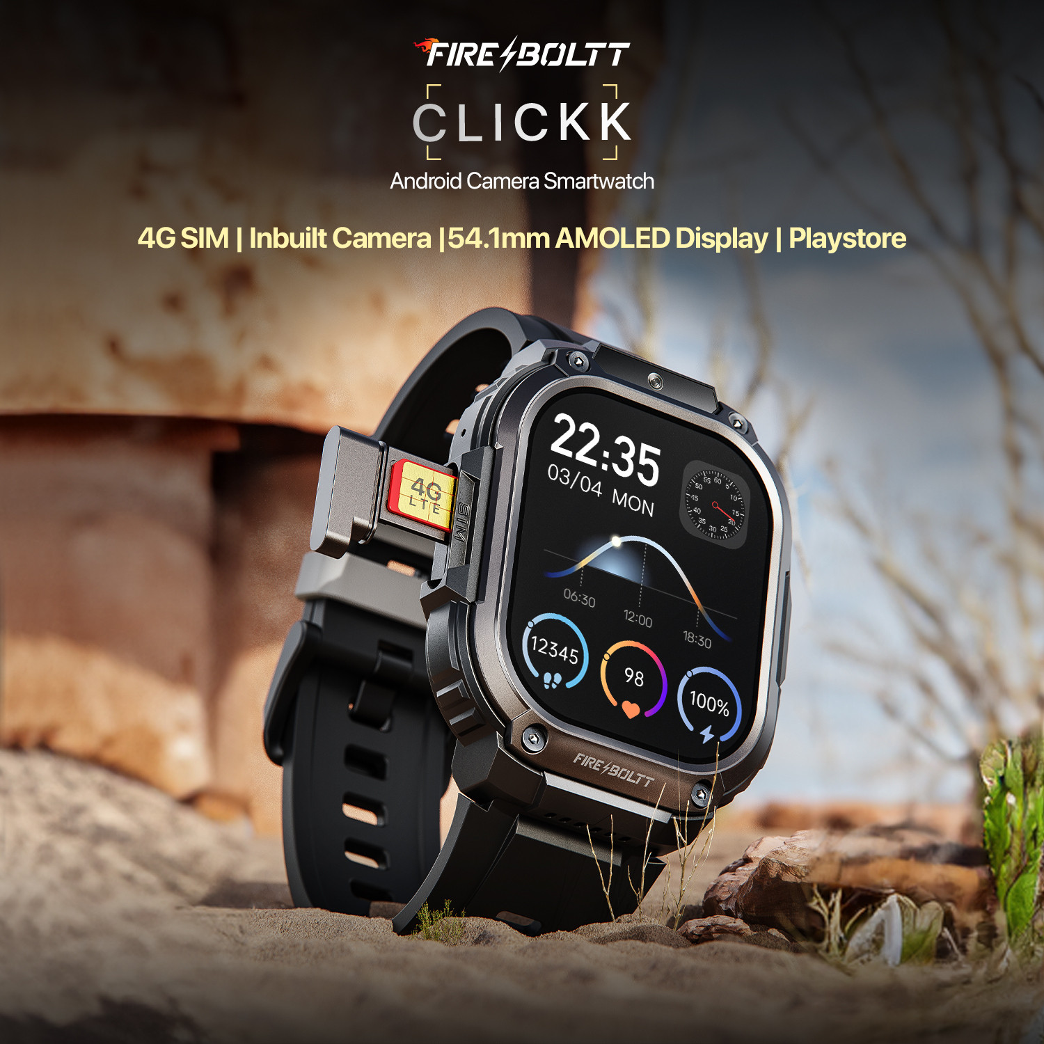 Image of Fire-Boltt Clickk 54.1mm (2.12 inch) AMOLED Display, Front Camera, Nano SIM Slot, 1000mAh Smartwatch