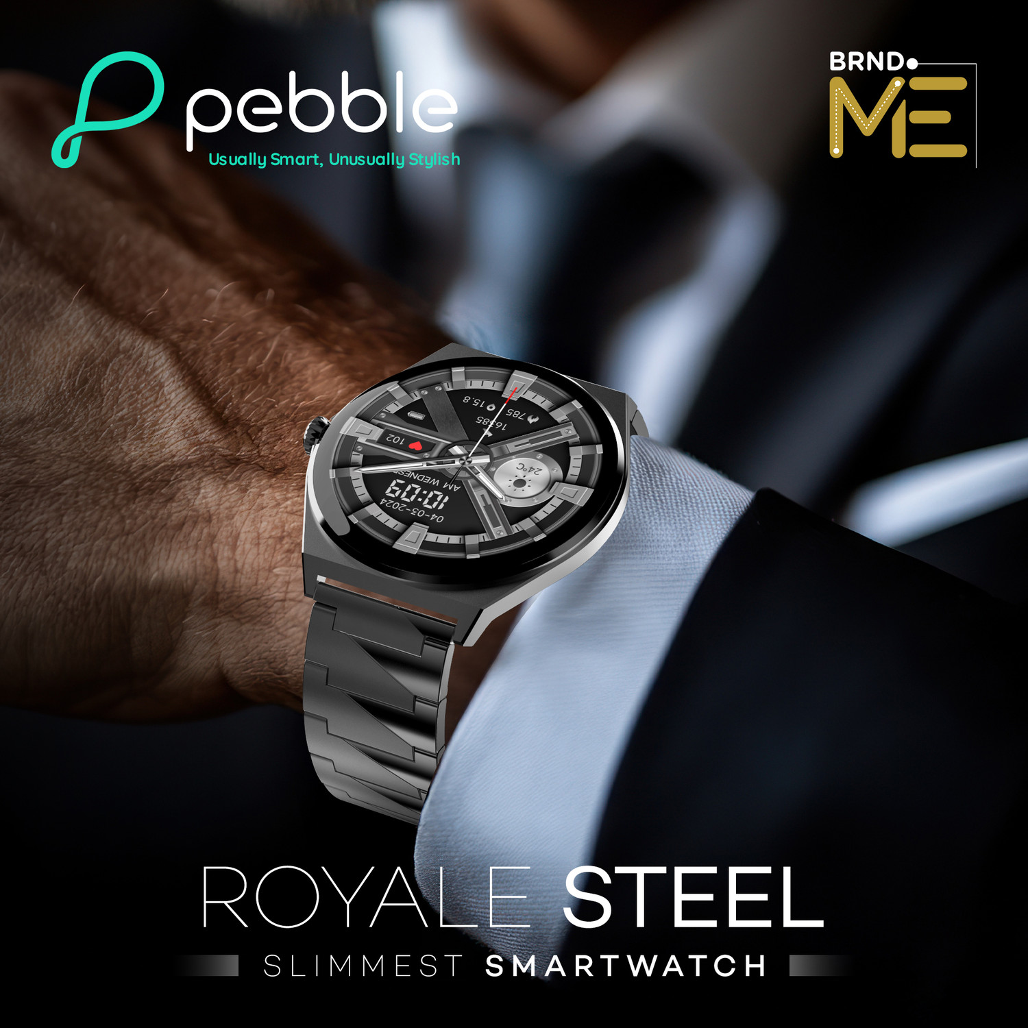 Image of Pebble Royale Steel Luxury Edition, Ultra Slim, 1.43 inch Amoled, AOD, Stainless Steel Smartwatch
