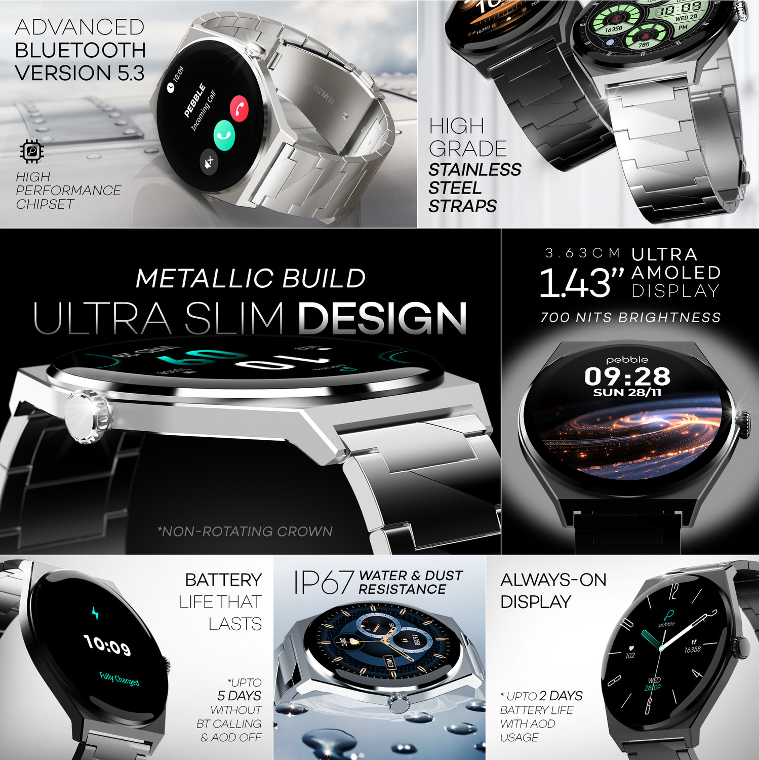 Image of Pebble Royale Steel Luxury Edition, Ultra Slim, 1.43 inch Amoled, AOD, Stainless Steel Smartwatch