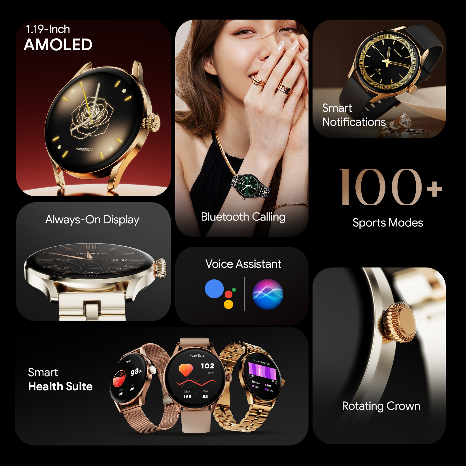 Image of Fire-Boltt Glitz 1.19 AMOLED Display, Rotating Crown, 1000 Nits, BT Call, Metal Body Women Smartwatch