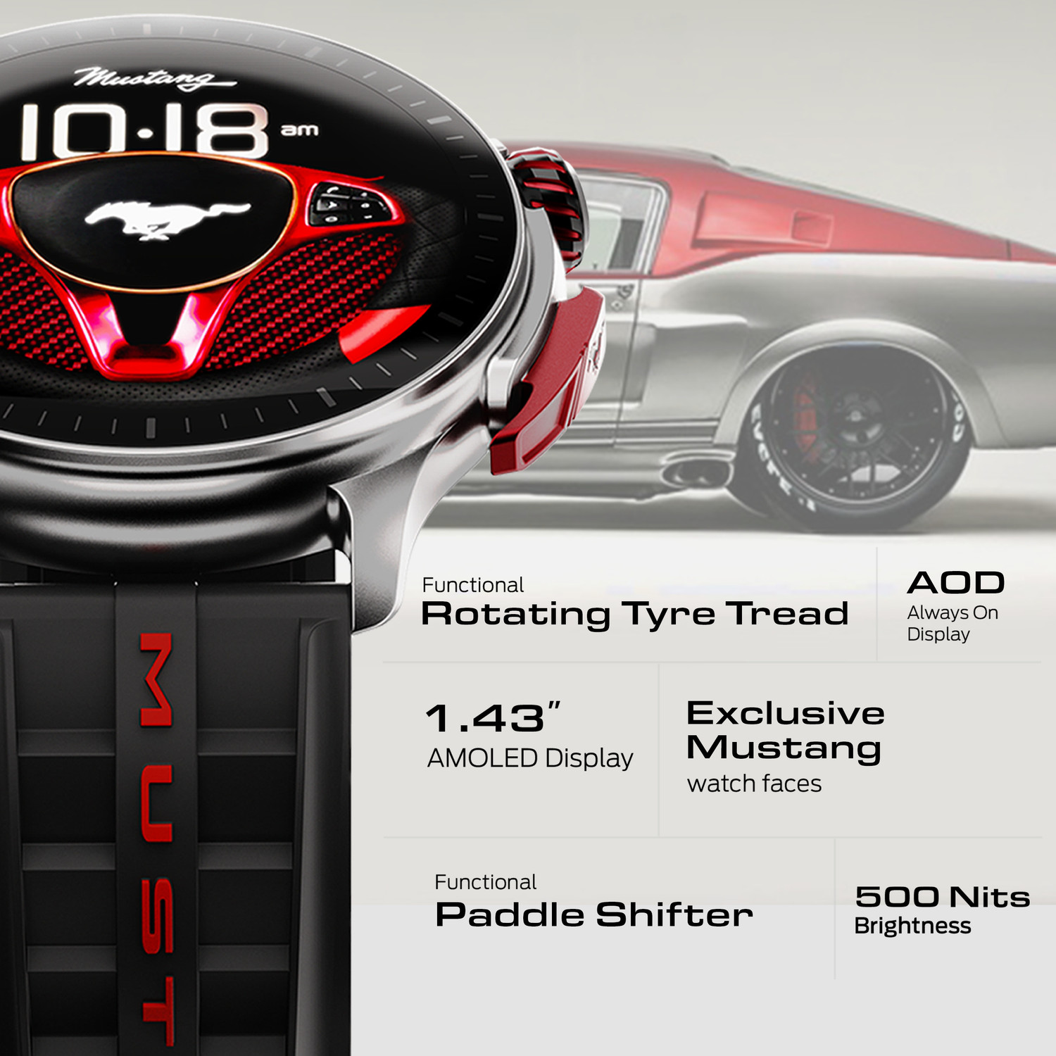 Image of GOBOULT Mustang Racer 1.43 inch AMOLED, Premium Crown, Working Paddler, AI Coach, AOD, IP67 Smartwatch