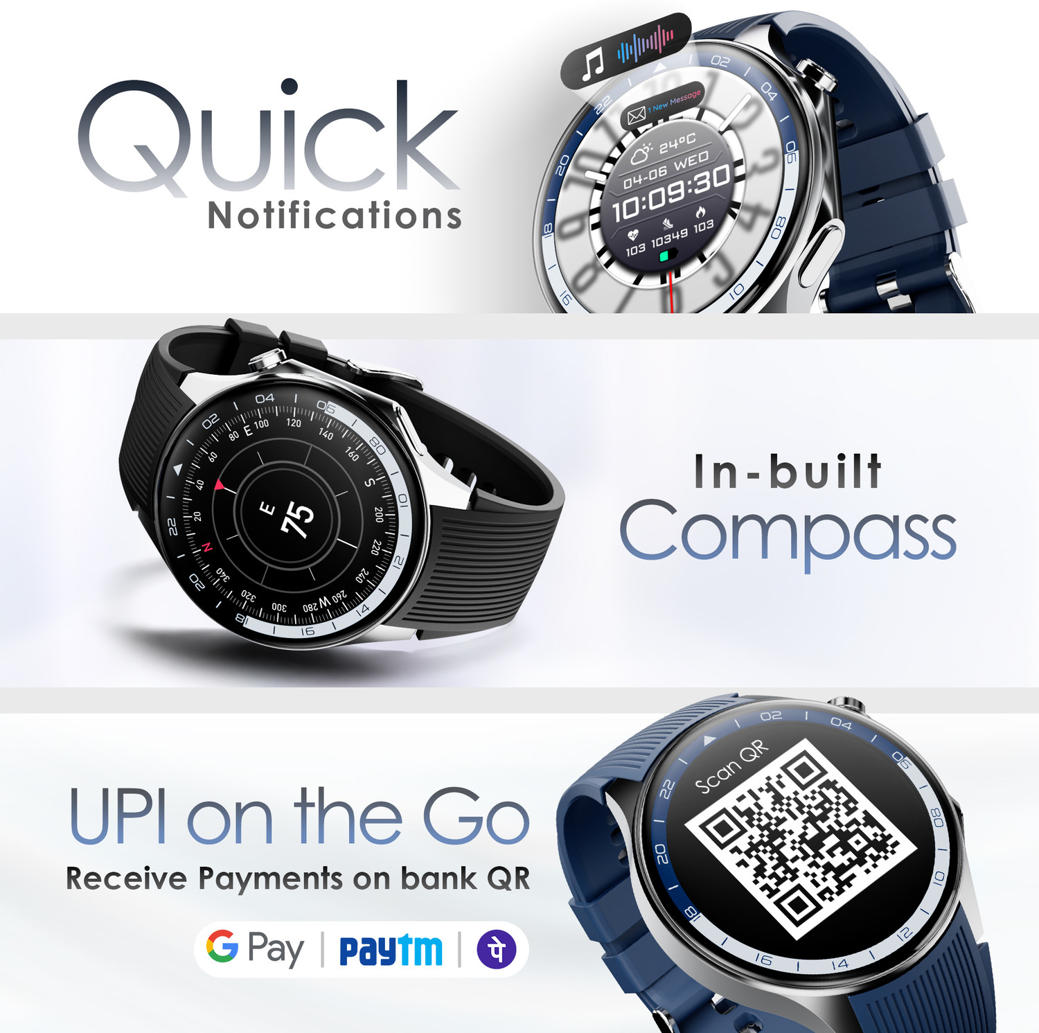 Image of Pebble Gravity 1.43inch AMOLED,700 Nits Brightness BT Calling,QR Pay & Digital Compass Smartwatch