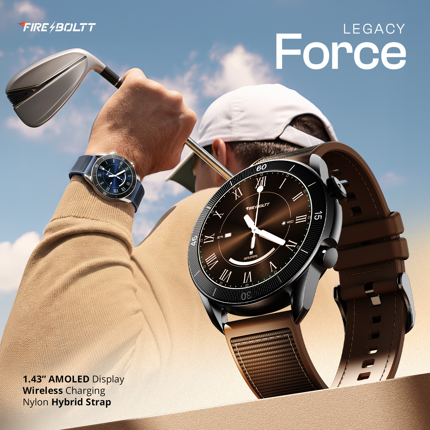 Image of Fire-Boltt Legacy Force 1.43 inch AMOLED Nylon Fluoroelastomer Hybrid Strap Rotating Crown Smartwatch