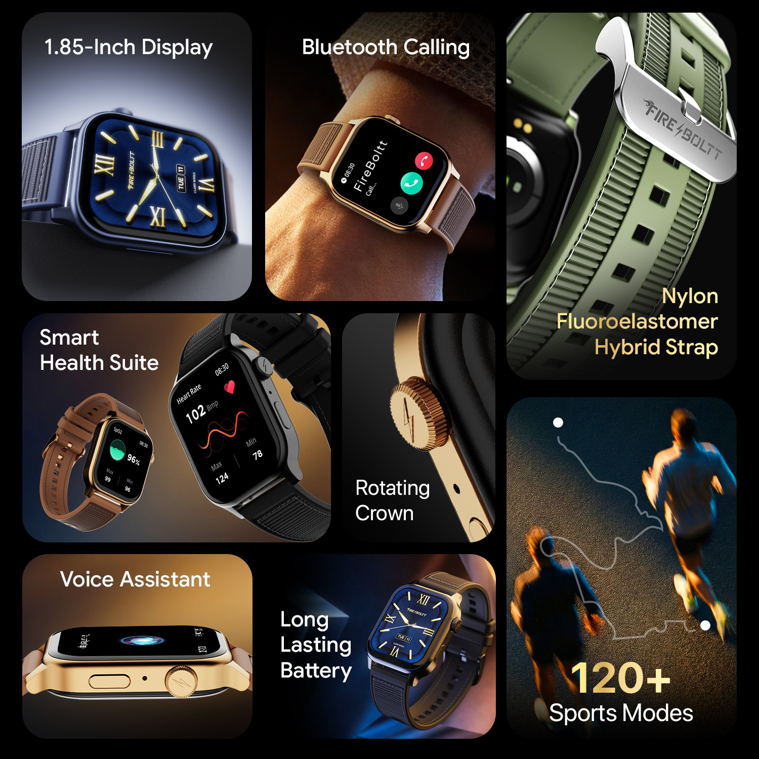 Image of Fire-Boltt Rise Force 1.85 BT Calling, Nylon Fluoroelastomer Hybrid Strap Rotating Crown Smartwatch