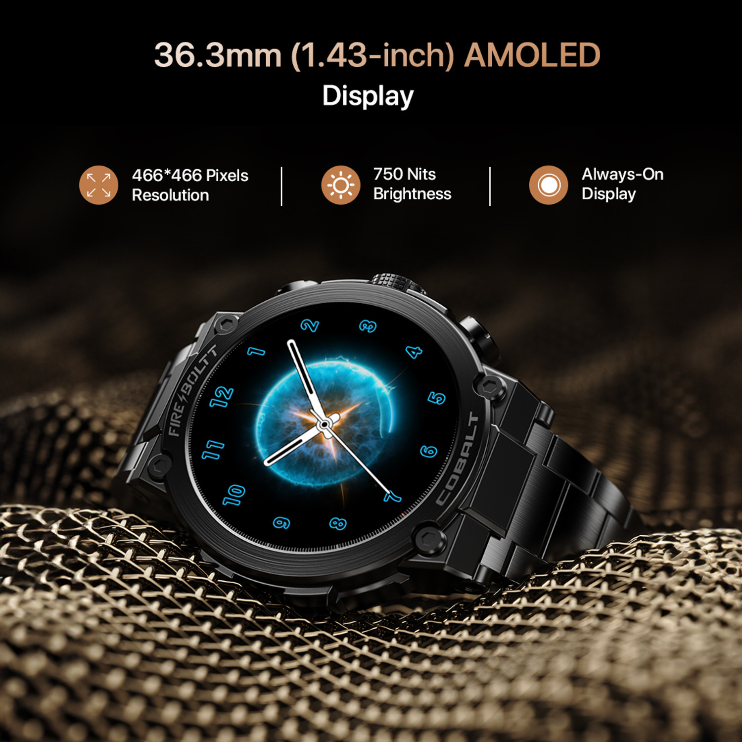 Image of Fire-Boltt Cobalt 36.3mm AMOLED display, BT call, 300+ sports modes, 4BG storage, IP67 Smartwatch
