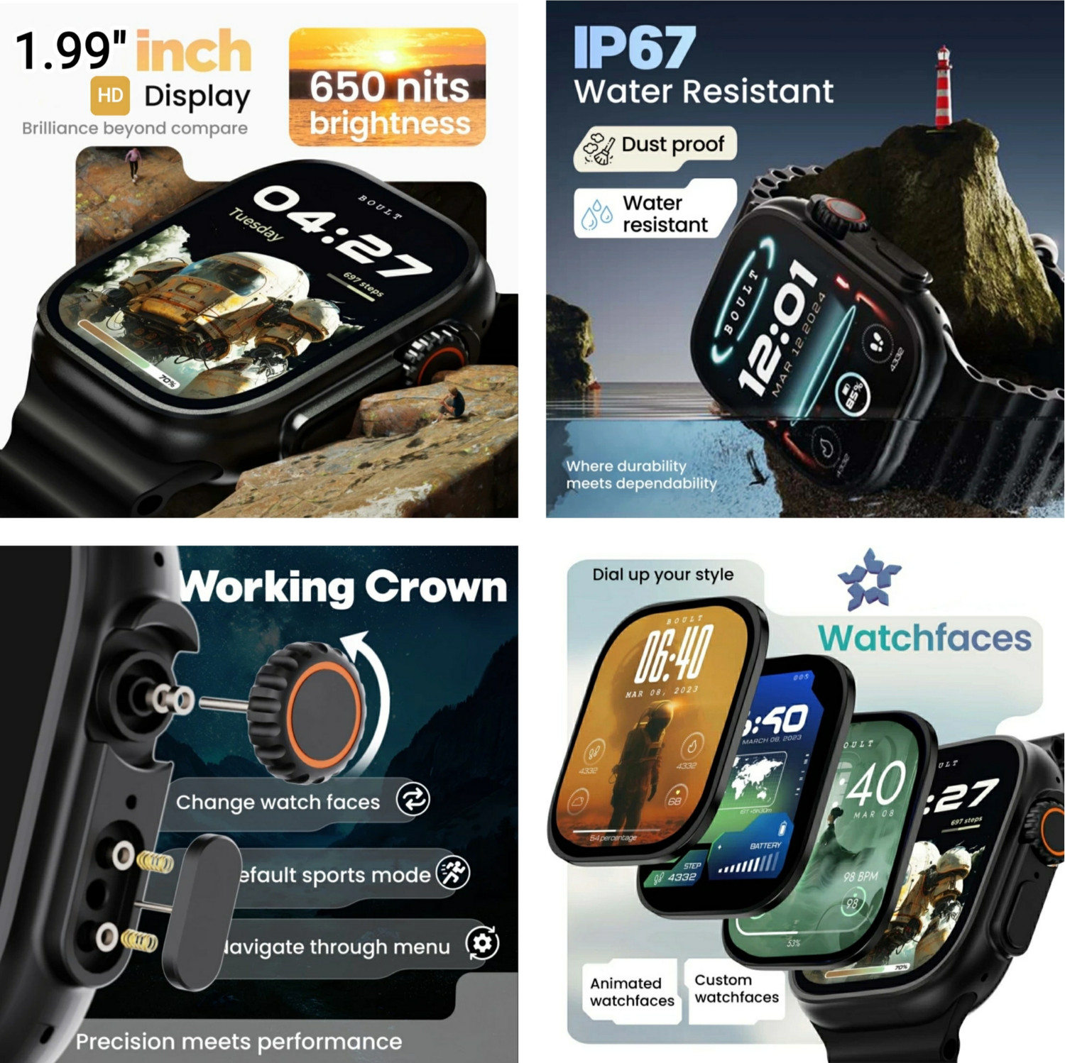 Image of GWE BSU8 HiwatchPro Bluetooth Call, In-built 1-Game & Calculator, Waterproof Mens Smartwatch