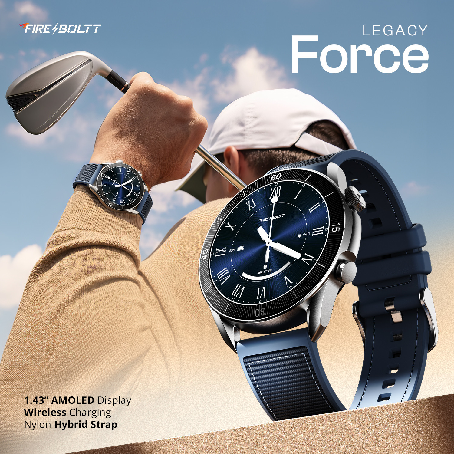 Image of Fire-Boltt Legacy Force 1.43 inch AMOLED Nylon Fluoroelastomer Hybrid Strap Rotating Crown Smartwatch