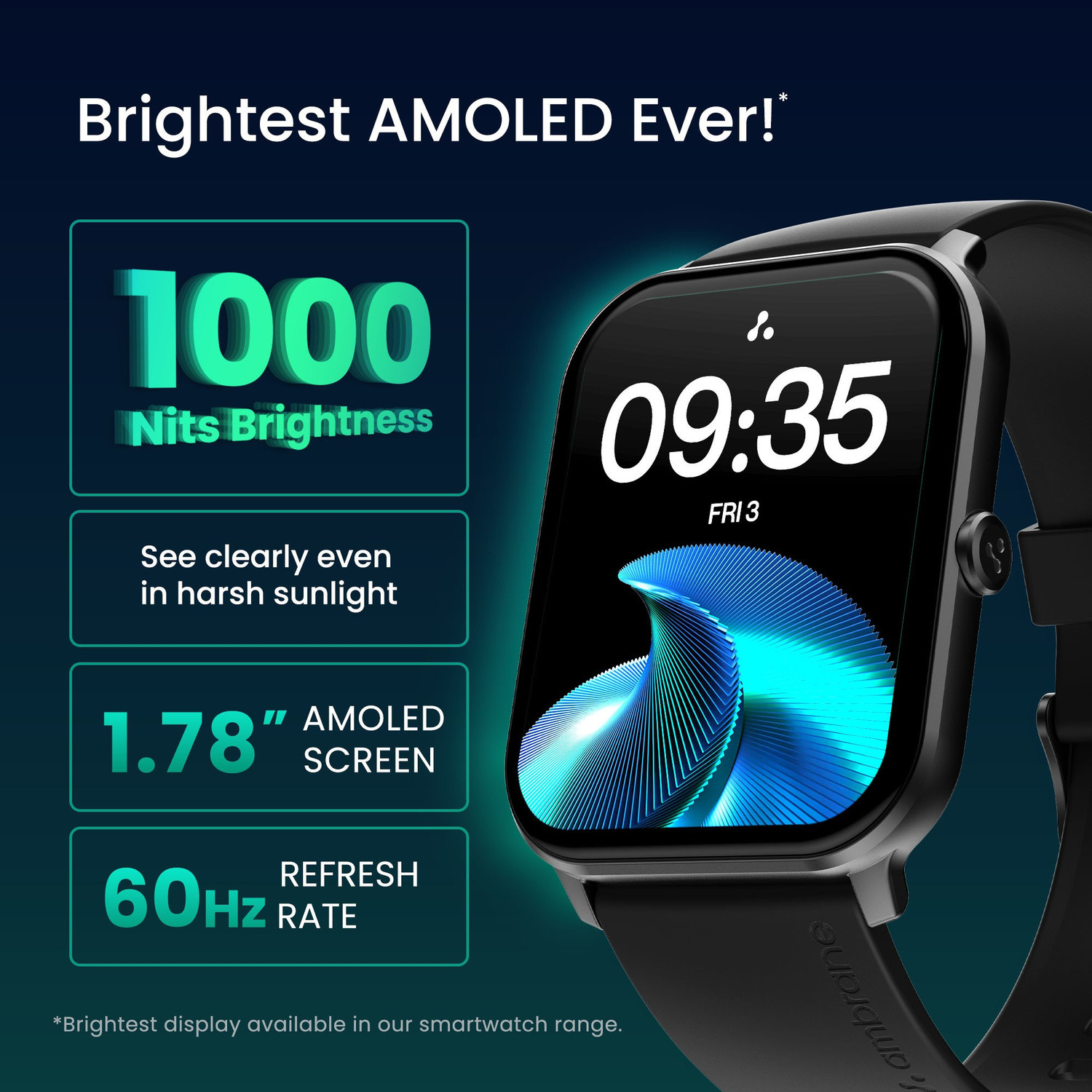 Image of Ambrane Wise Glaze with 1.78 inch Amoled display, BT Calling,SPO2 , Heart Rate Monitor Smartwatch