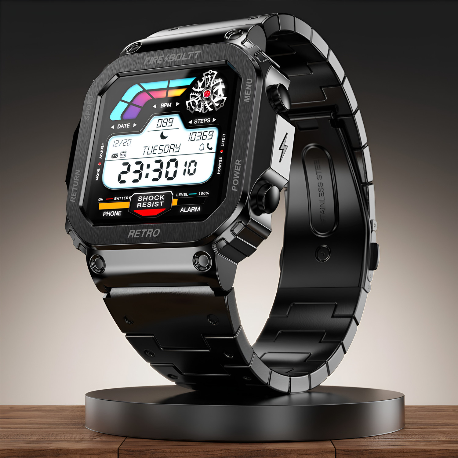 Image of fire boltt Retro 39.1mm (1.54) Display, Bluetooth call, Voice Assistance, Steel Straps Smartwatch