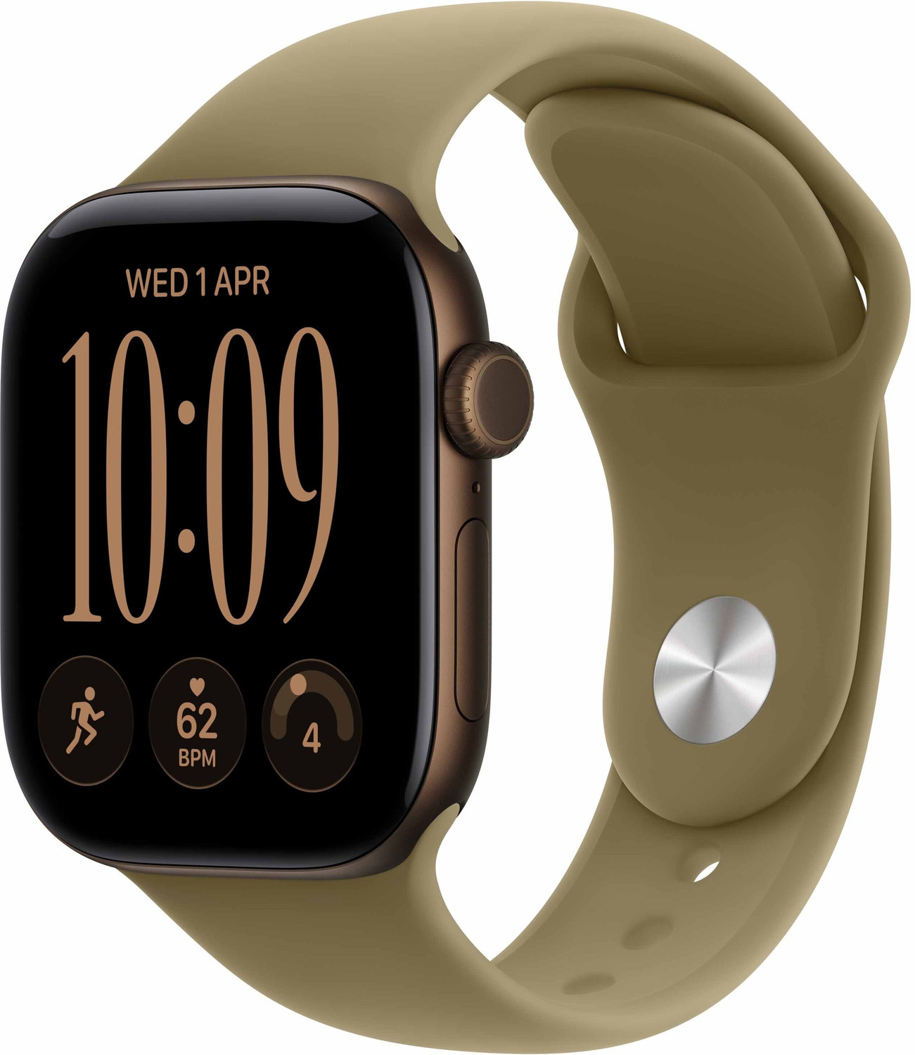 Image of Apple Watch Series 12 GPS 42mm Dark Bronze Aluminium Case with Olive Sport Band - S /M