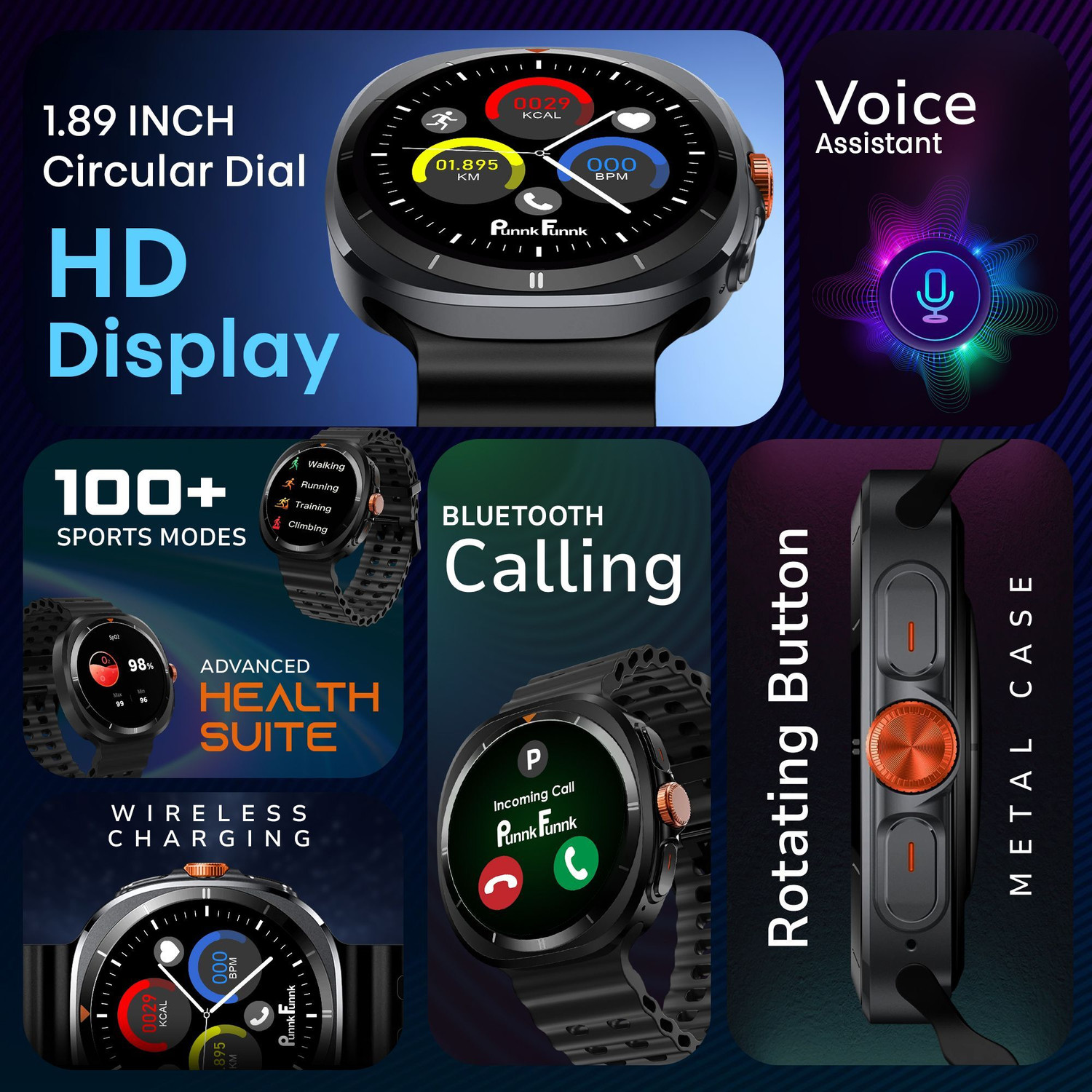 Image of PunnkFunnk Storm 1.43 inch AMOLED Display Smartwatch BT Calling, Wireless Charging & Metal Case Smartwatch