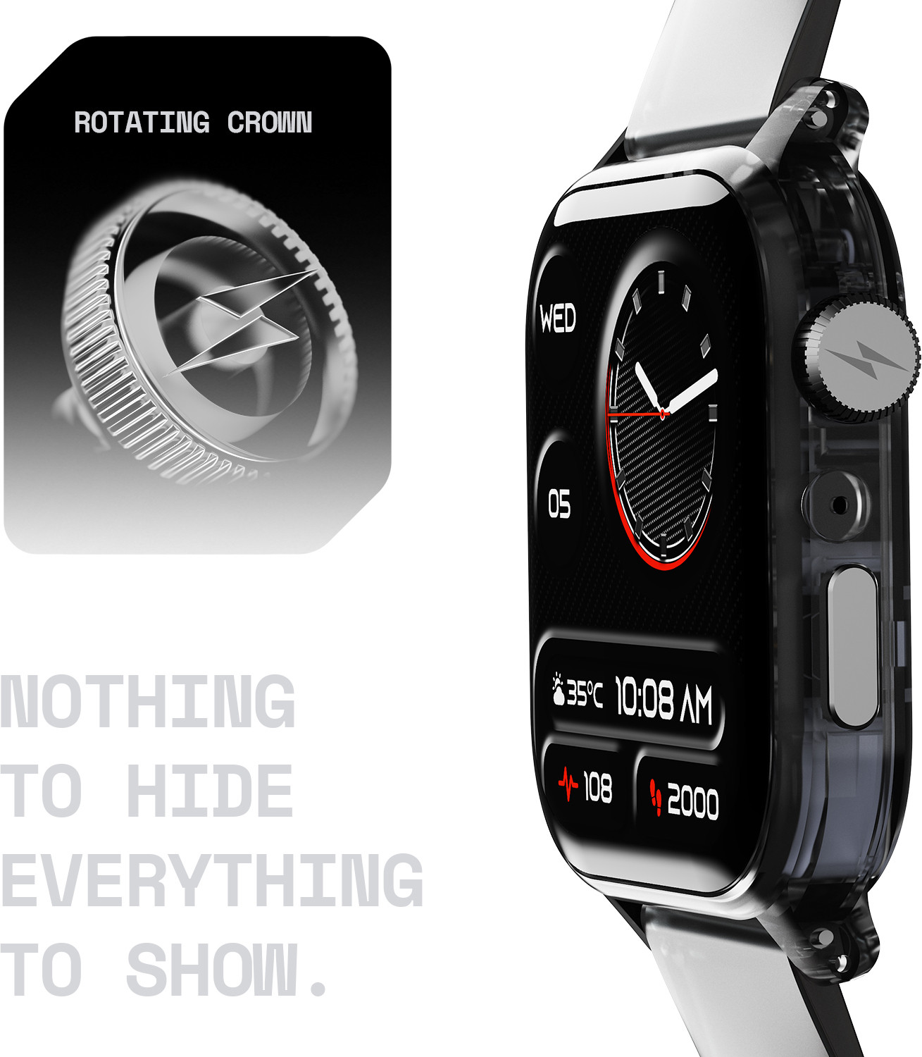Image of Fire-Boltt Rise Phantom 1.85 Display Transparent Clear Body Design Rotating Button BT Call Smartwatch