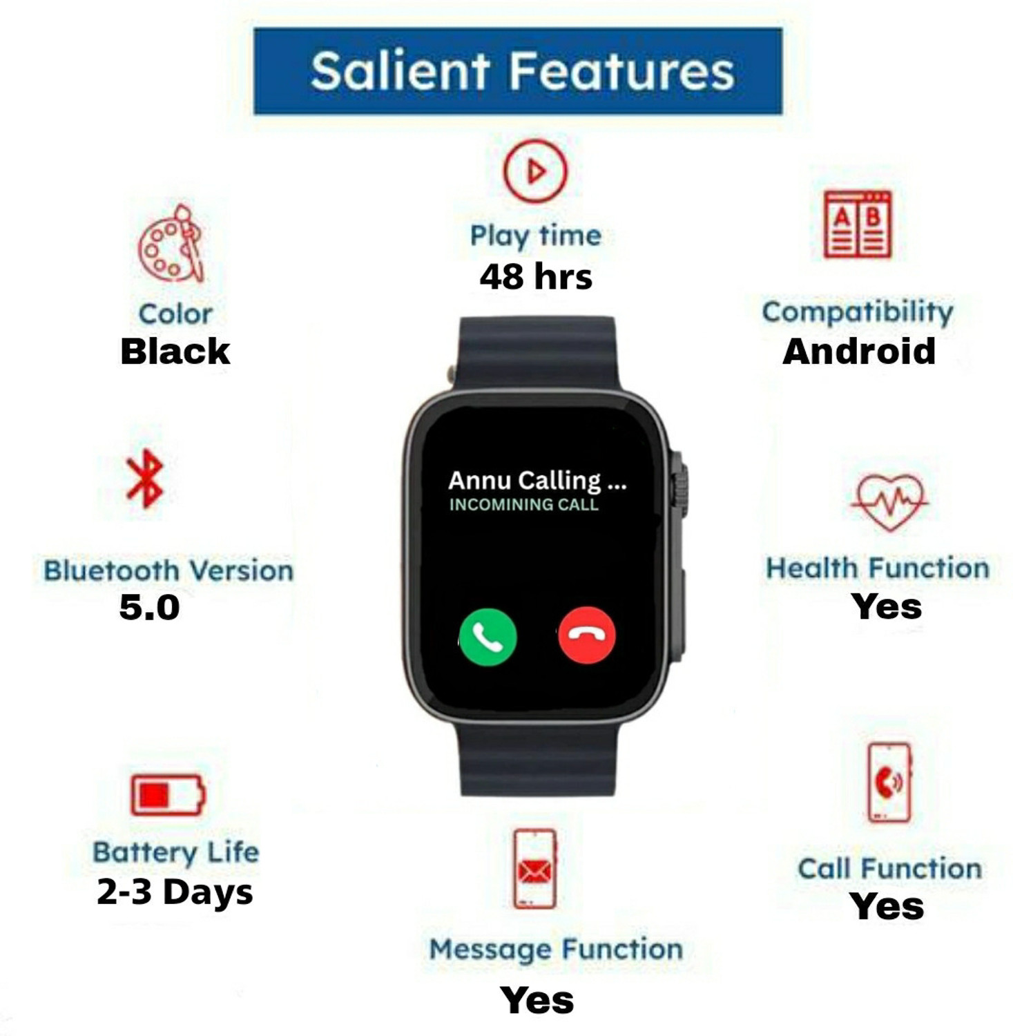 Image of GWE BSU8 HiwatchPro Bluetooth Call, In-built 1-Game & Calculator, Waterproof Mens Smartwatch