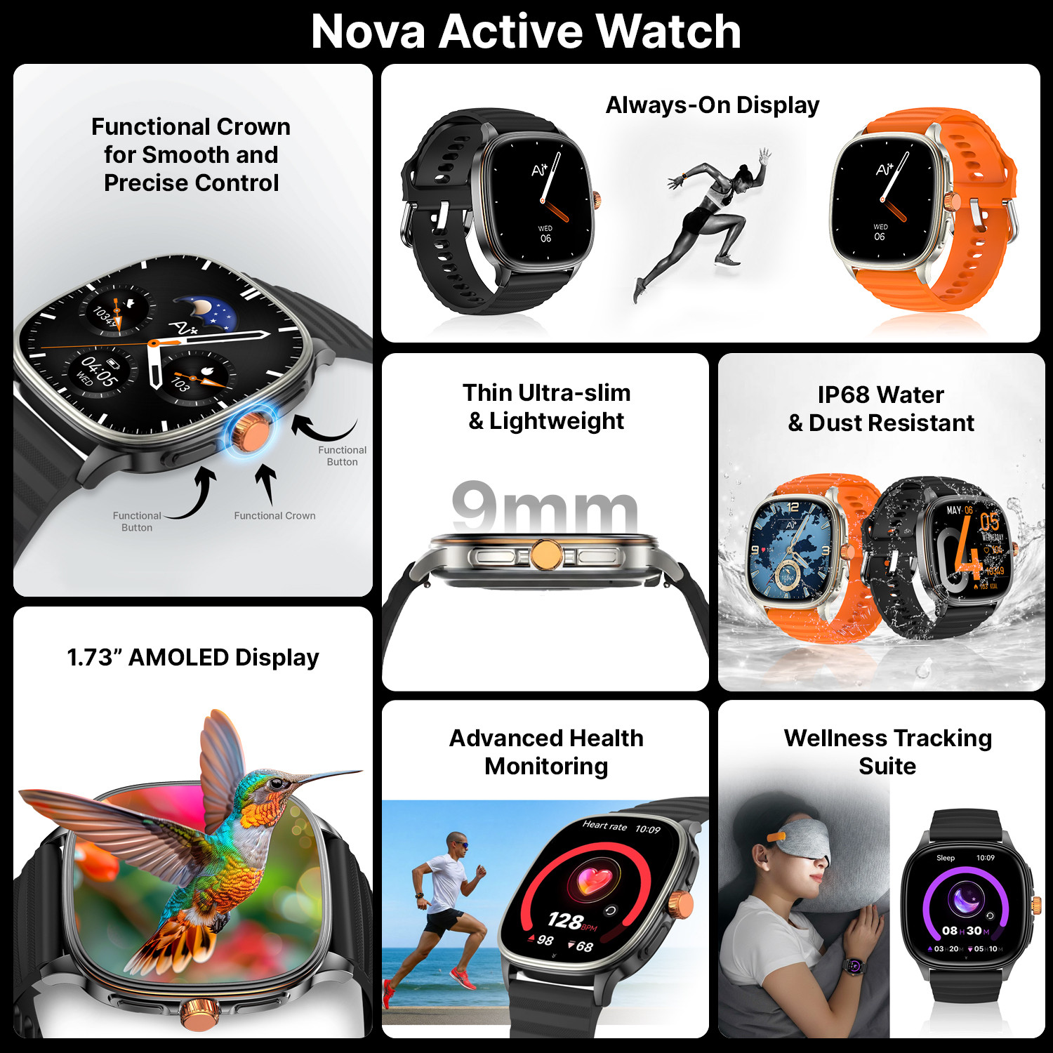 Image of Ai+ NovaWatch Active 9mm Slim, 1.73 inch AMOLED Display, BT Calling, IP68 Smartwatch