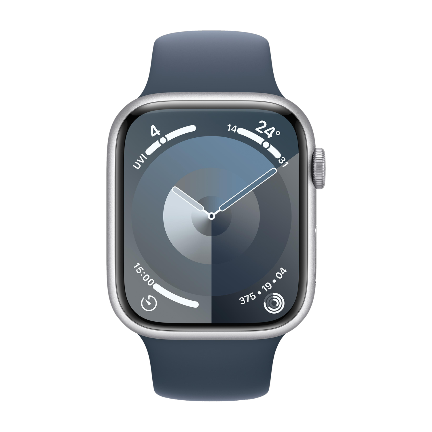 Apple Watch Series 9 GPS 45mm Silver Aluminium Case with Storm Blue Sport Band - M/L