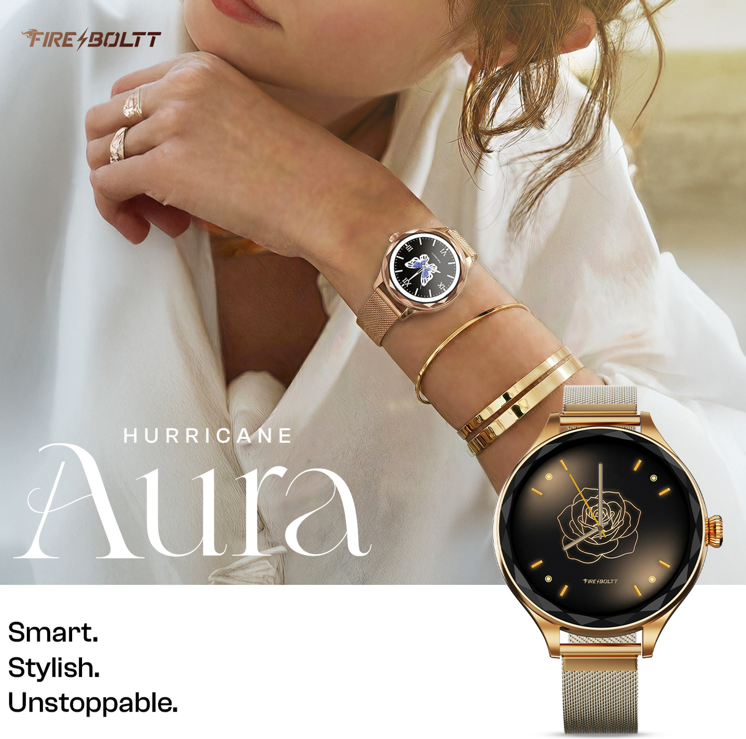 Image of Fire-Boltt Hurricane Aura 1.26HD Display Diamond Cut Rotating Crown Wireless Charging Women Smartwatch