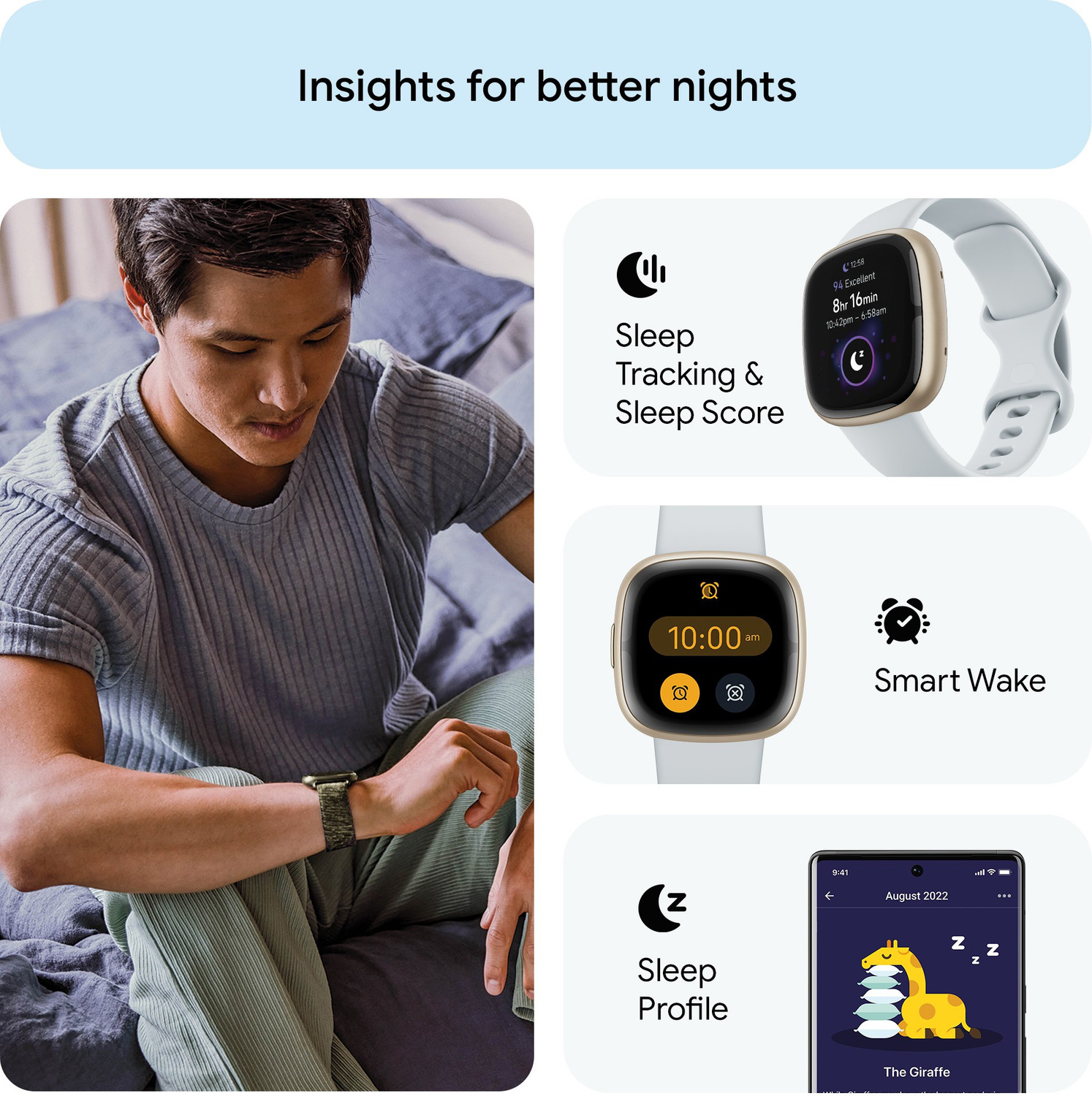 Image of FITBIT Sense 2 Health & Fitness Watch (Blue Mist / Soft Gold Aluminium) Smartwatch