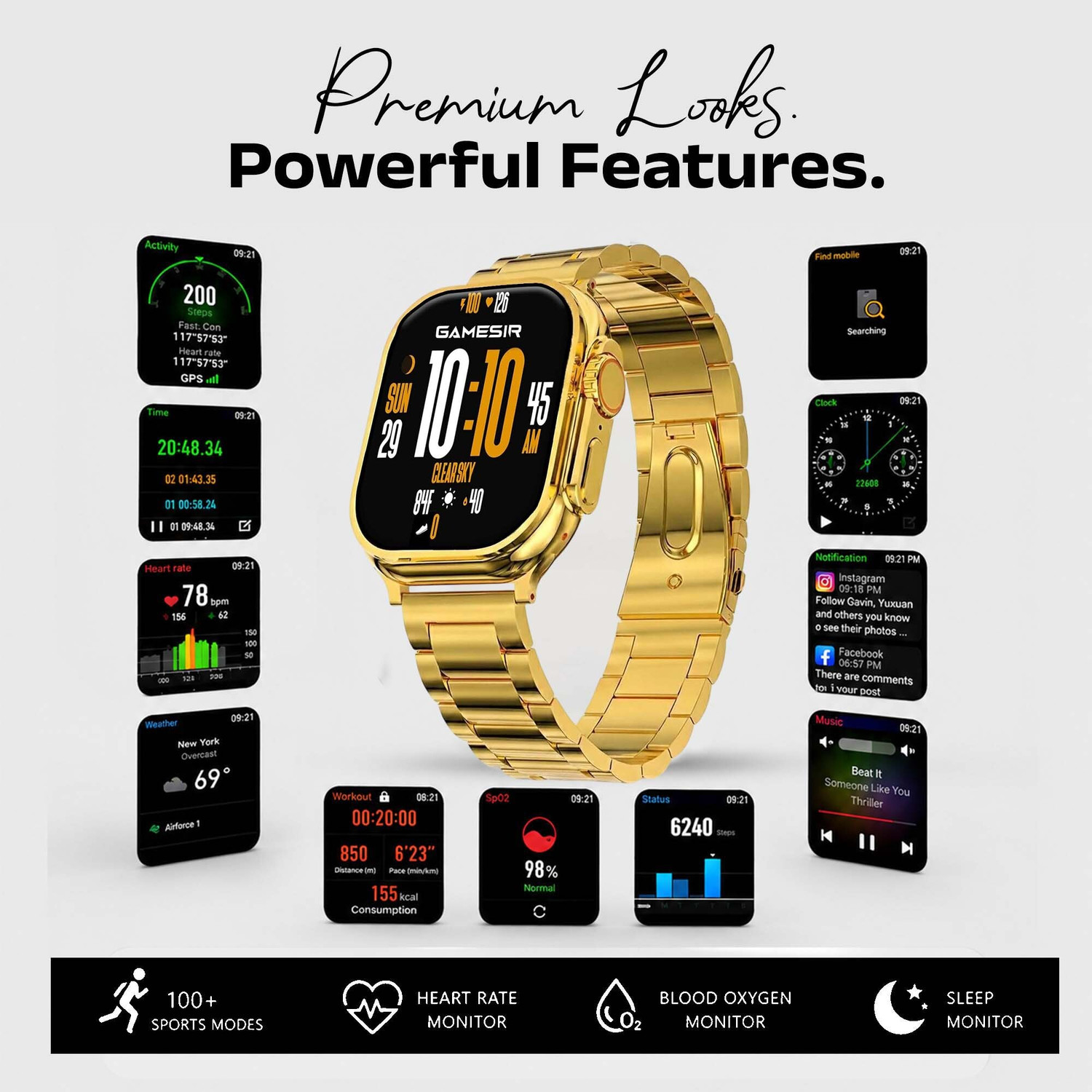 Image of GameSir S9 Ultra Smartwatch with Fitness Tracking & Long Battery Life Smartwatch (Gold Strap, Free Size)