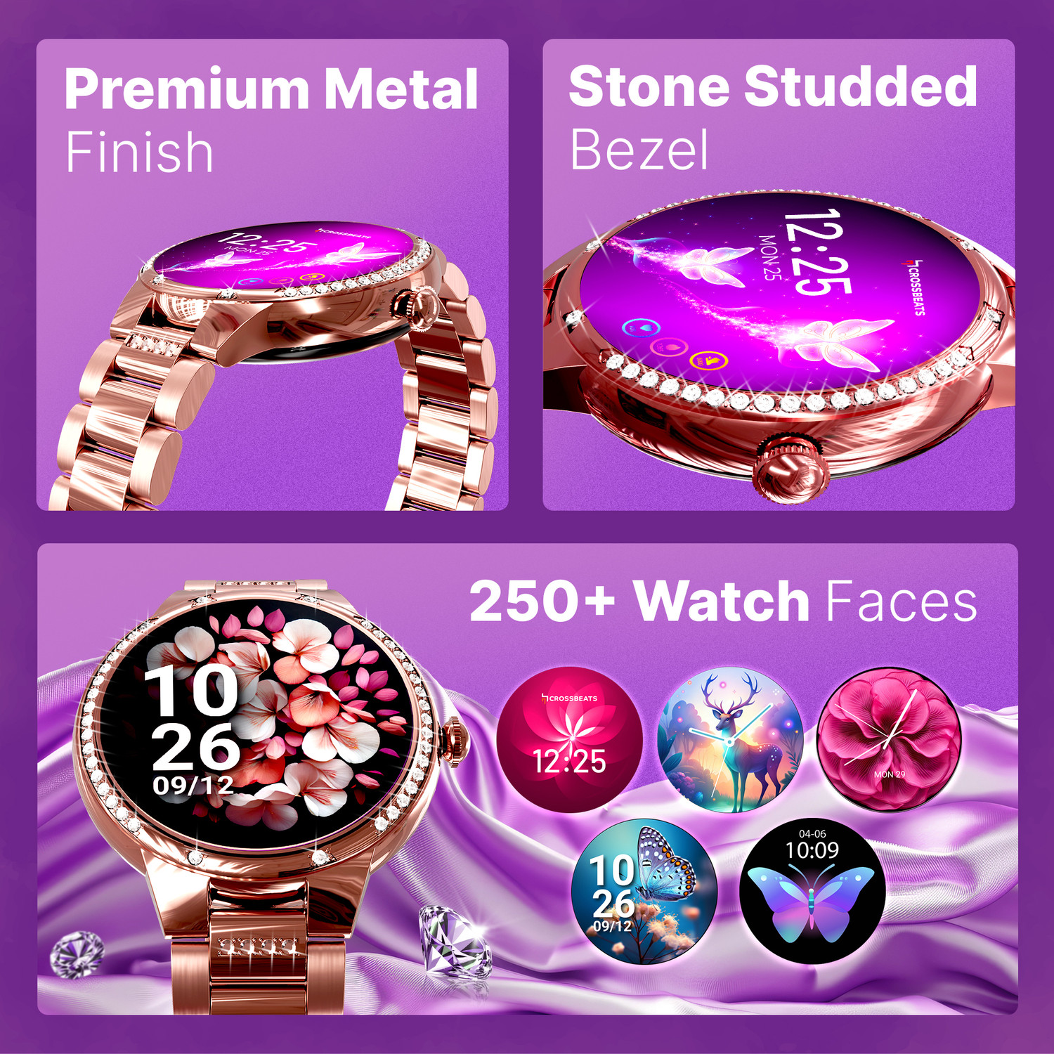 Image of CrossBeats Diva 1.28 inch Stone Studded Bezel Smartwatch, Health Tracker, Wireless Charge Smartwatch